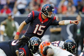 HOUSTON, TX - NOVEMBER 23:  Ryan Mallett #15 of the Houston Texans during second half action against the Cincinnati Bengals at NRG Stadium on November 23, 2014 in Houston, Texas.  (Photo by Bob Levey/Getty Images)