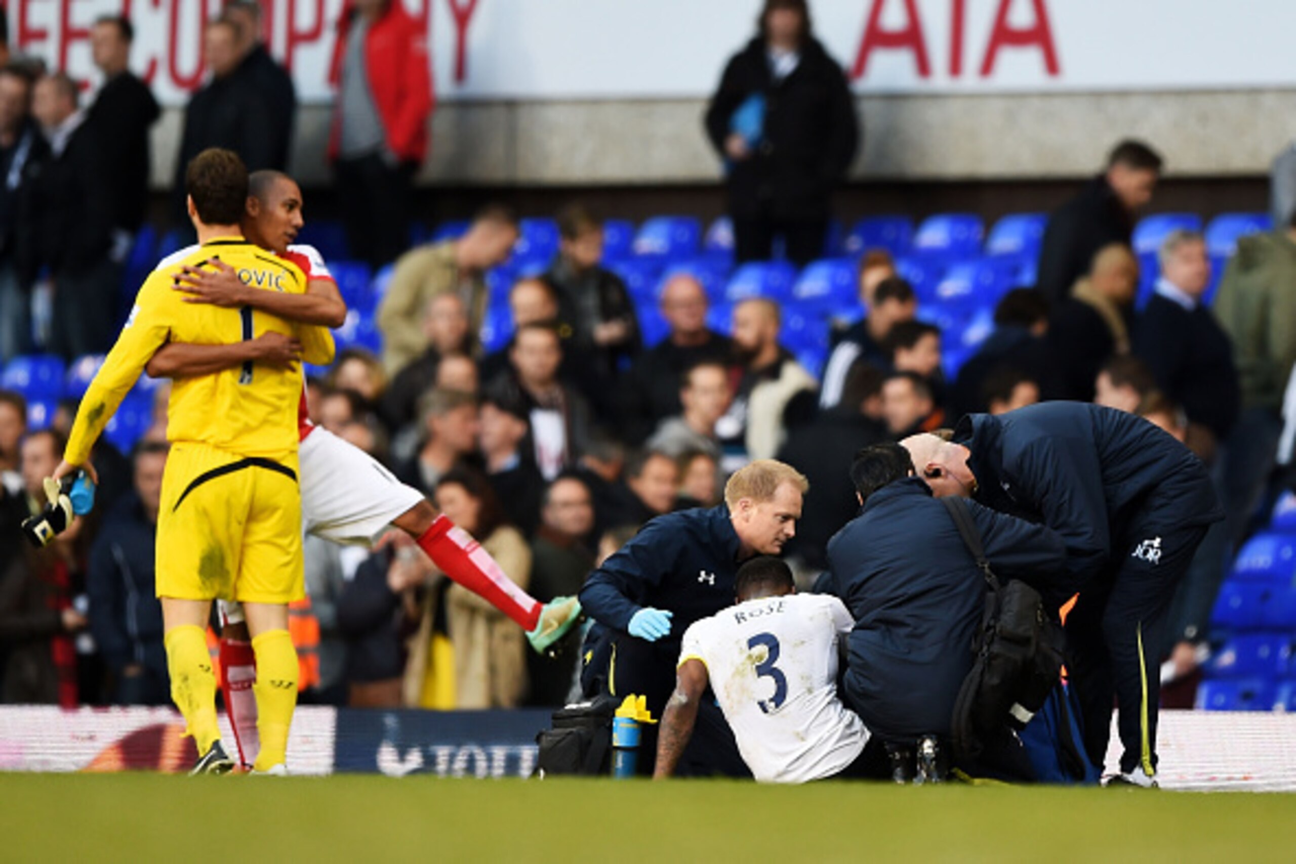LONDON, ENGLAND - NOVEMBER 09:  The injured Danny Rose of Spurs receives medical treatment as Asmir Begovic of Stoke City and Steven N'Zonzi of Stoke City celebrate their team's 20-1 victory during the Barclays Premier League match between Tottenham Hotsp
