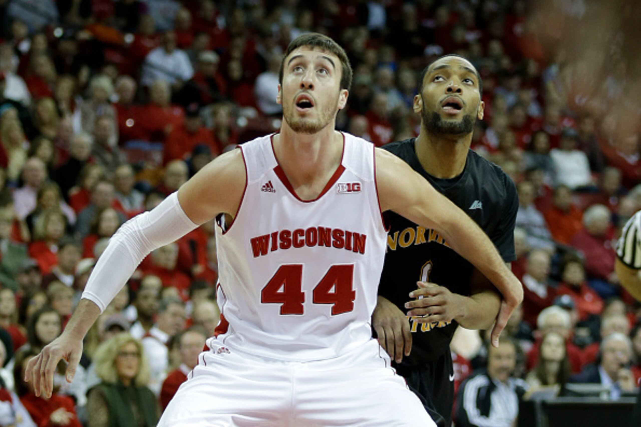 MADISON, WI - NOVEMBER 14: Frank Kaminsky #44 of the Wisconsin Badgers boxes out for the rebound during the first half of play against the Northern Kentucky Norse at Kohl Center on November 14, 2014 in Madison, Wisconsin. (Photo by Mike McGinnis/Getty Ima