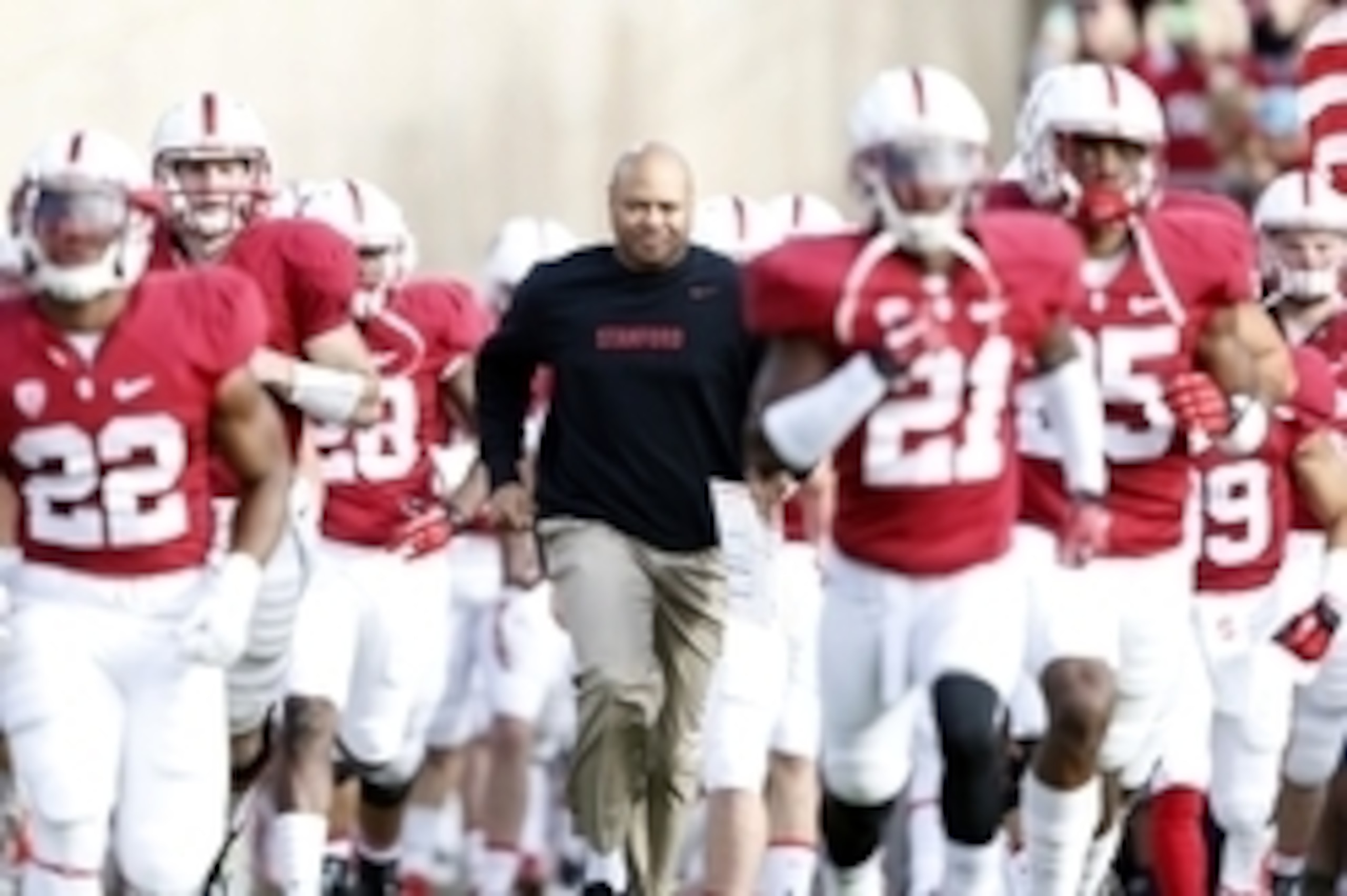 Nov 15, 2014; Stanford, CA, USA; Stanford Cardinal head coach David Shaw leads his team on to the field before the game against the Utah Utes at Stanford Stadium. Mandatory Credit: Bob Stanton-USA TODAY Sports
