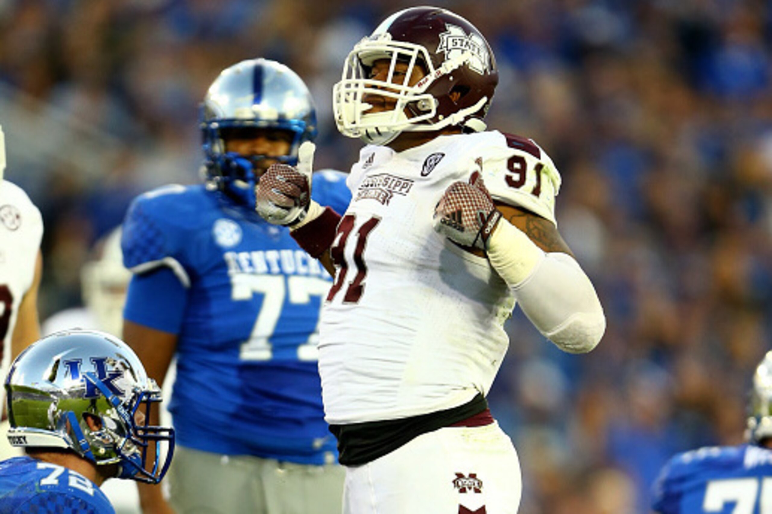 LEXINGTON, KY - OCTOBER 25: Preston Smith #91 of the Mississippi State Bulldogs celebrates a sack during the game against the Kentucky Wildcats at Commonwealth Stadium on October 25, 2014 in Lexington, Kentucky. (Photo by Andy Lyons/Getty Images) LEXINGTON, KY - OCTOBER 25: Preston Smith #91 of the Mississippi State Bulldogs celebrates a sack during the game against the Kentucky Wildcats at Commonwealth Stadium on October 25, 2014 in Lexington, Kentucky. (Photo by Andy Lyons/Getty Images)