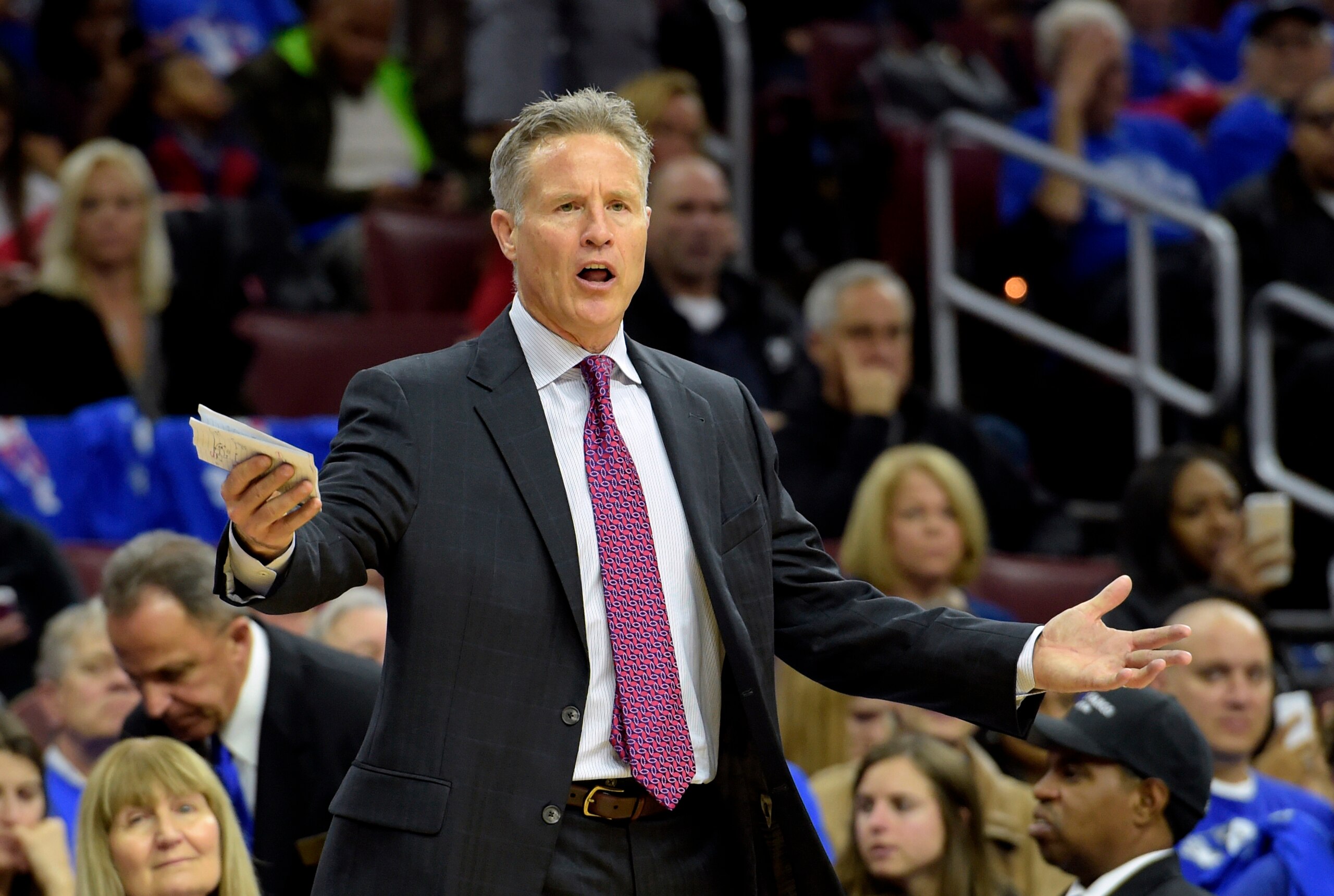 Nov 1, 2014; Philadelphia, PA, USA; Philadelphia 76ers head coach Brett Brown during the second half of game against the Miami Heat at Wells Fargo Center. The Heat defeated the 76ers, 114-96. Mandatory Credit: Eric Hartline-USA TODAY Sports