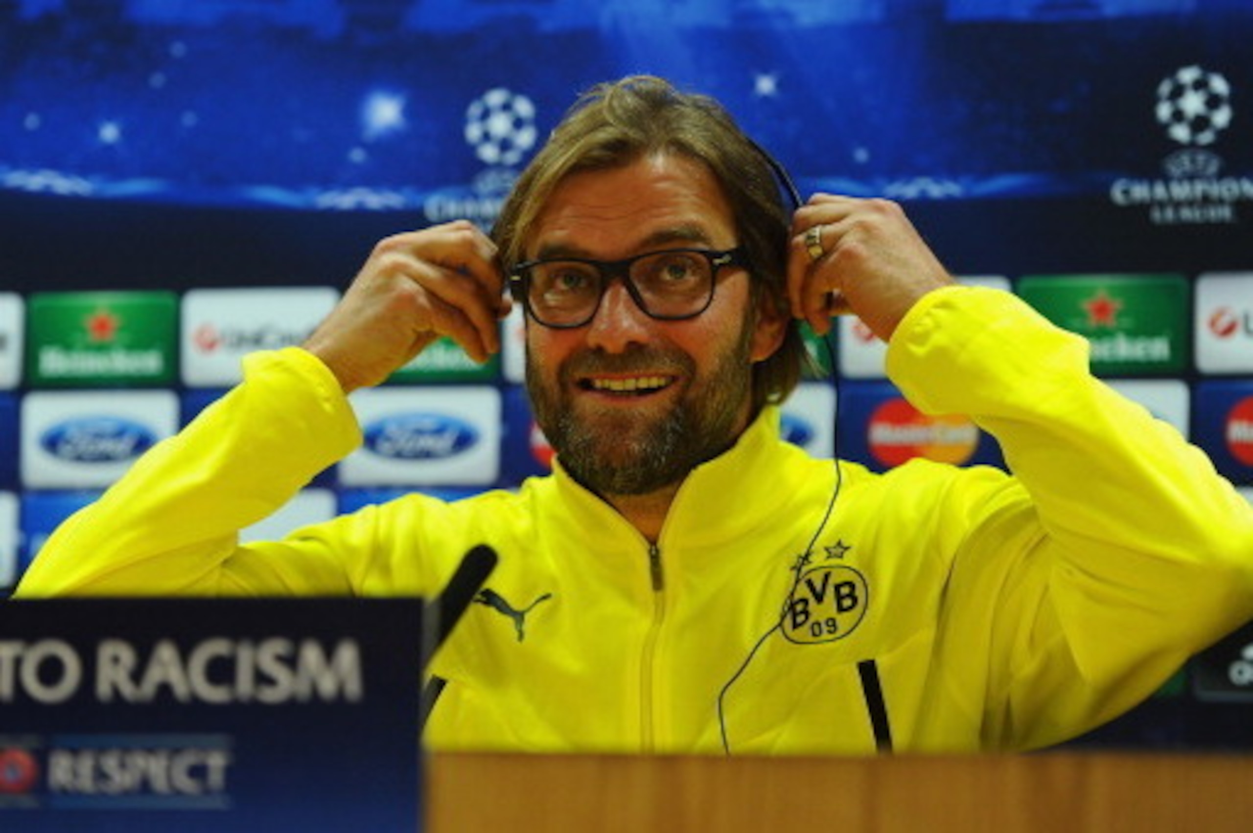 LONDON, ENGLAND - OCTOBER 21:  Borussia Dortmund coach Jurgen Klopp faces the media during a Borussia Dortmund press conference ahead of the UEFA Champions League Group F match against Arsenal at Emirates Stadium on October 21, 2013 in London, England.  (