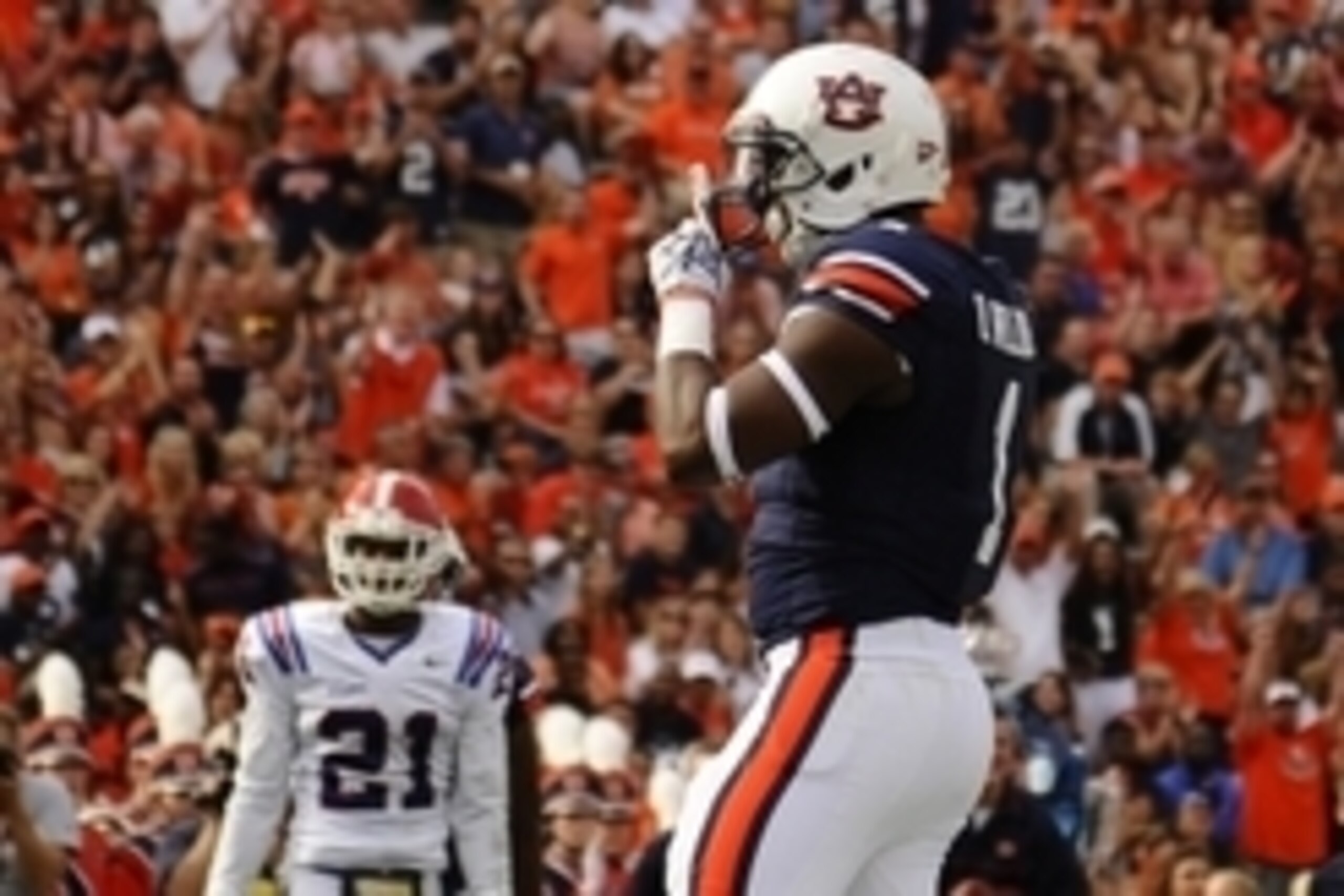 Sep 27, 2014; Auburn, AL, USA; Auburn Tigers wide receiver D'haquille Williams (1) celebrates a touchdown during the first half against the Louisiana Tech Bulldogs at Jordan Hare Stadium. Mandatory Credit: Shanna Lockwood-USA TODAY Sports