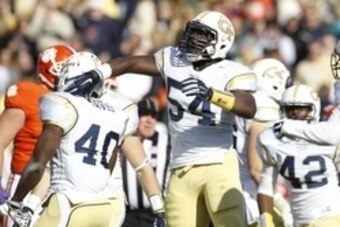 Nov 15, 2014; Atlanta, GA, USA; Georgia Tech Yellow Jackets linebacker Quayshawn Nealy (54) celebrates a sack against the Clemson Tigers in the fourth quarter at Bobby Dodd Stadium. The Yellow Jackets won 28-6. Mandatory Credit: Brett Davis-USA TODAY Spor