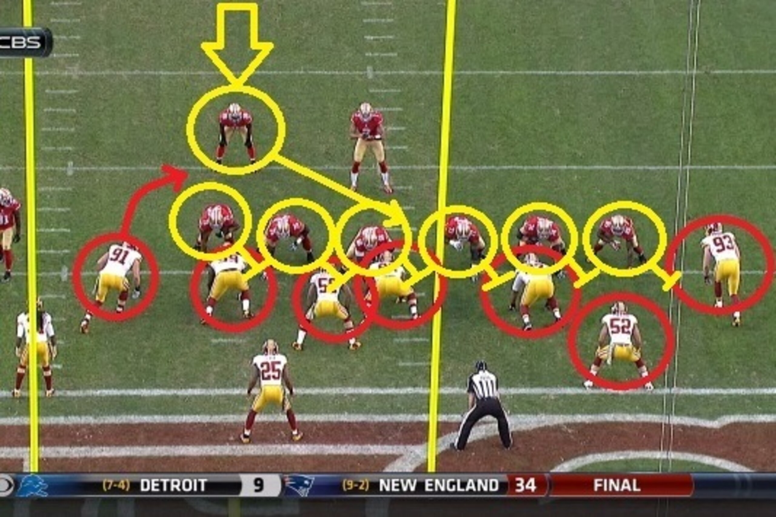 Hyde will receive the handoff as the O-line pulls to its left.