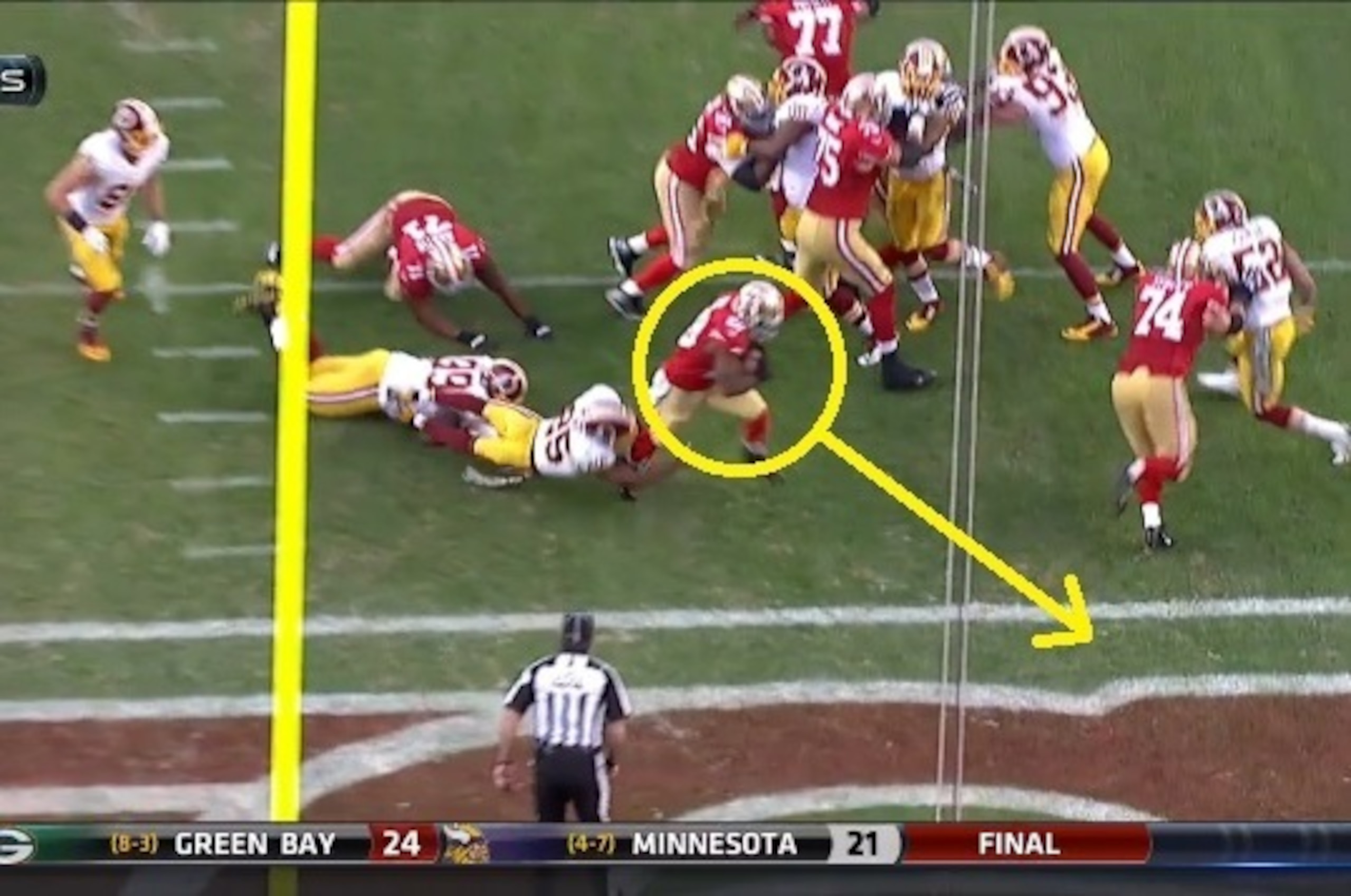 Hyde breaks the tackle and is in for the touchdown.
