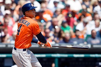 May 8, 2014; Detroit, MI, USA; Houston Astros right fielder George Springer (4) hits a home run in the fifth inning against the Detroit Tigers at Comerica Park. Mandatory Credit: Rick Osentoski-USA TODAY Sports