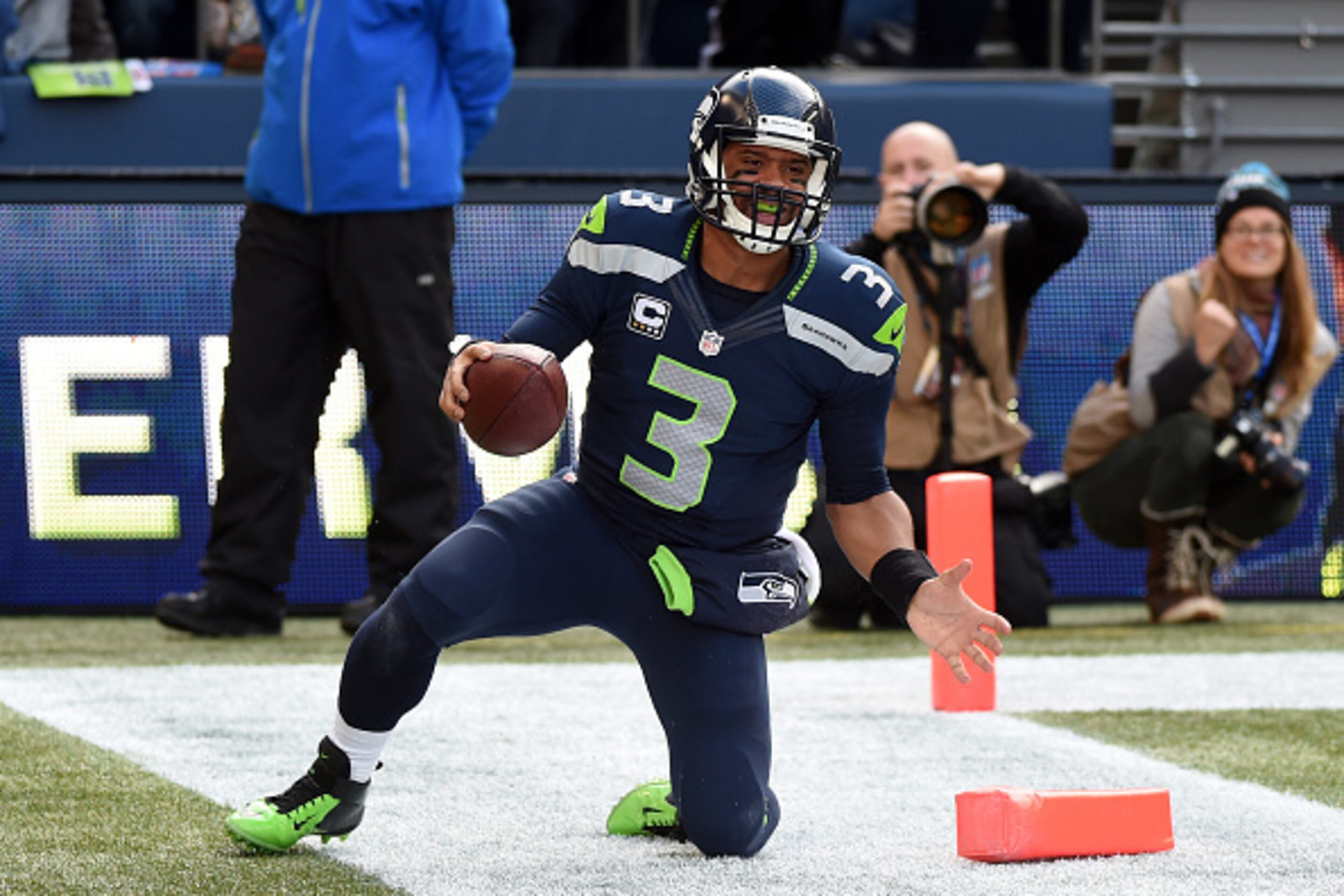 SEATTLE, WA - NOVEMBER 23:   Russell Wilson #3 of the Seattle Seahawks reacts after a touchdown attempt was called back due to a penalty in the first half during their game against the Arizona Cardinals at CenturyLink Field on November 23, 2014 in Seattle