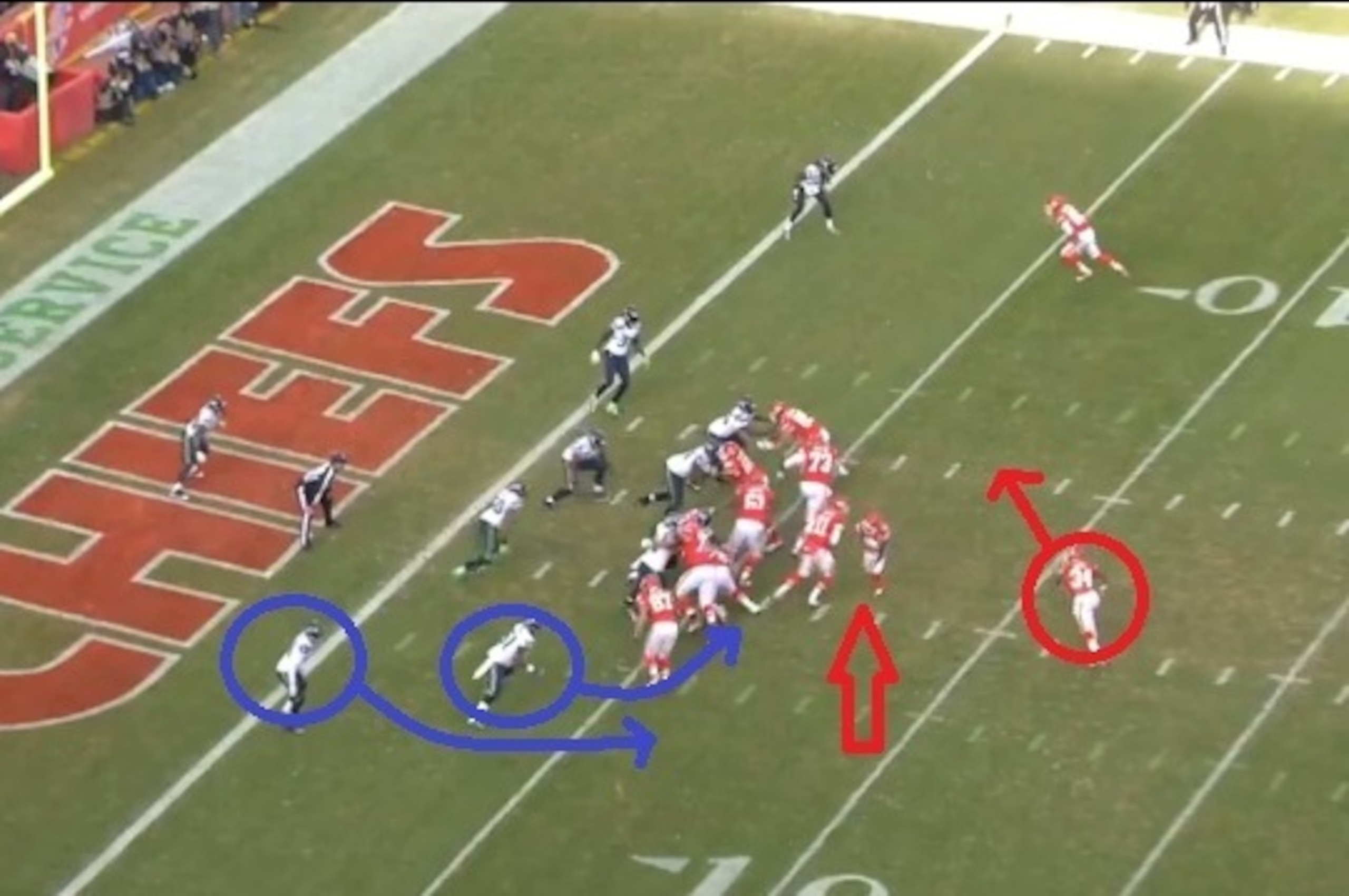 Alex Smith fakes a handoff, but Knile Davis (red circle) will actually get the carry.