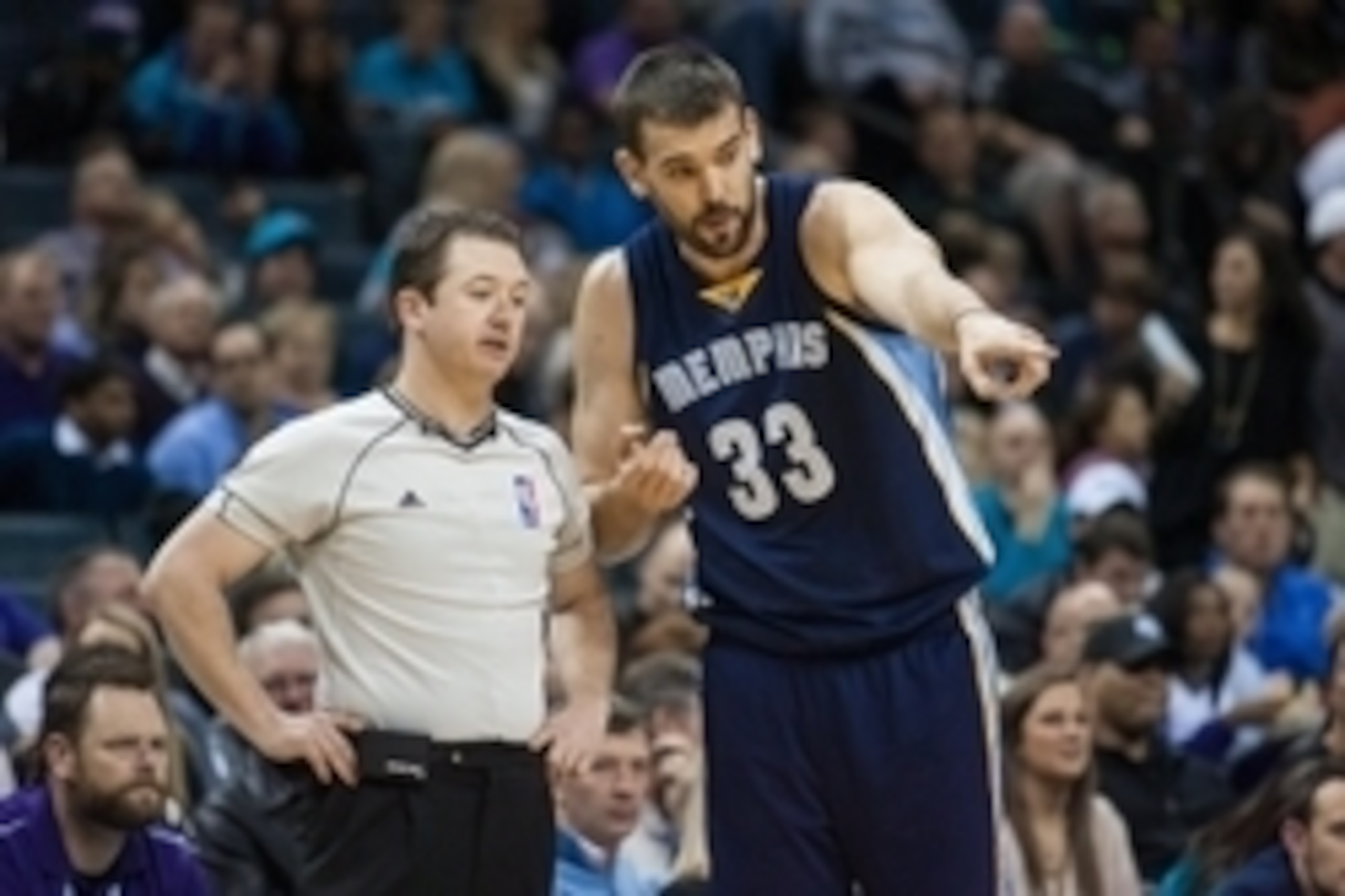 Nov 1, 2014; Charlotte, NC, USA; Memphis Grizzlies center Marc Gasol (33) argues a call with a referee during the first half against the Charlotte Hornets at Time Warner Cable Arena. Mandatory Credit: Jeremy Brevard-USA TODAY Sports
