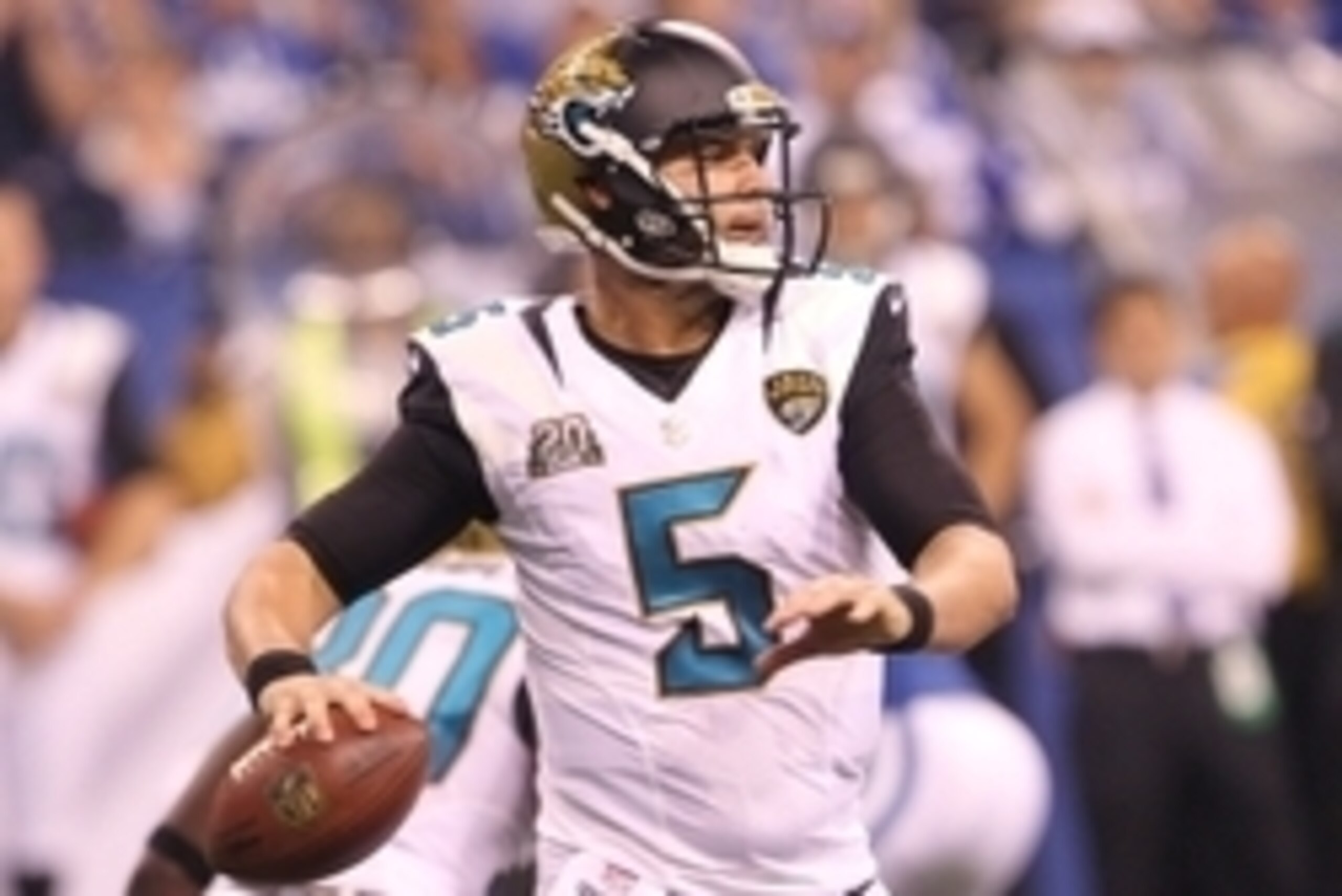 Nov 23, 2014; Indianapolis, IN, USA; Jacksonville Jaguars quarterback Blake Bortles (5) drops back to pass during the second quarter against the Indianapolis Colts at Lucas Oil Stadium. Mandatory Credit: Pat Lovell-USA TODAY Sports