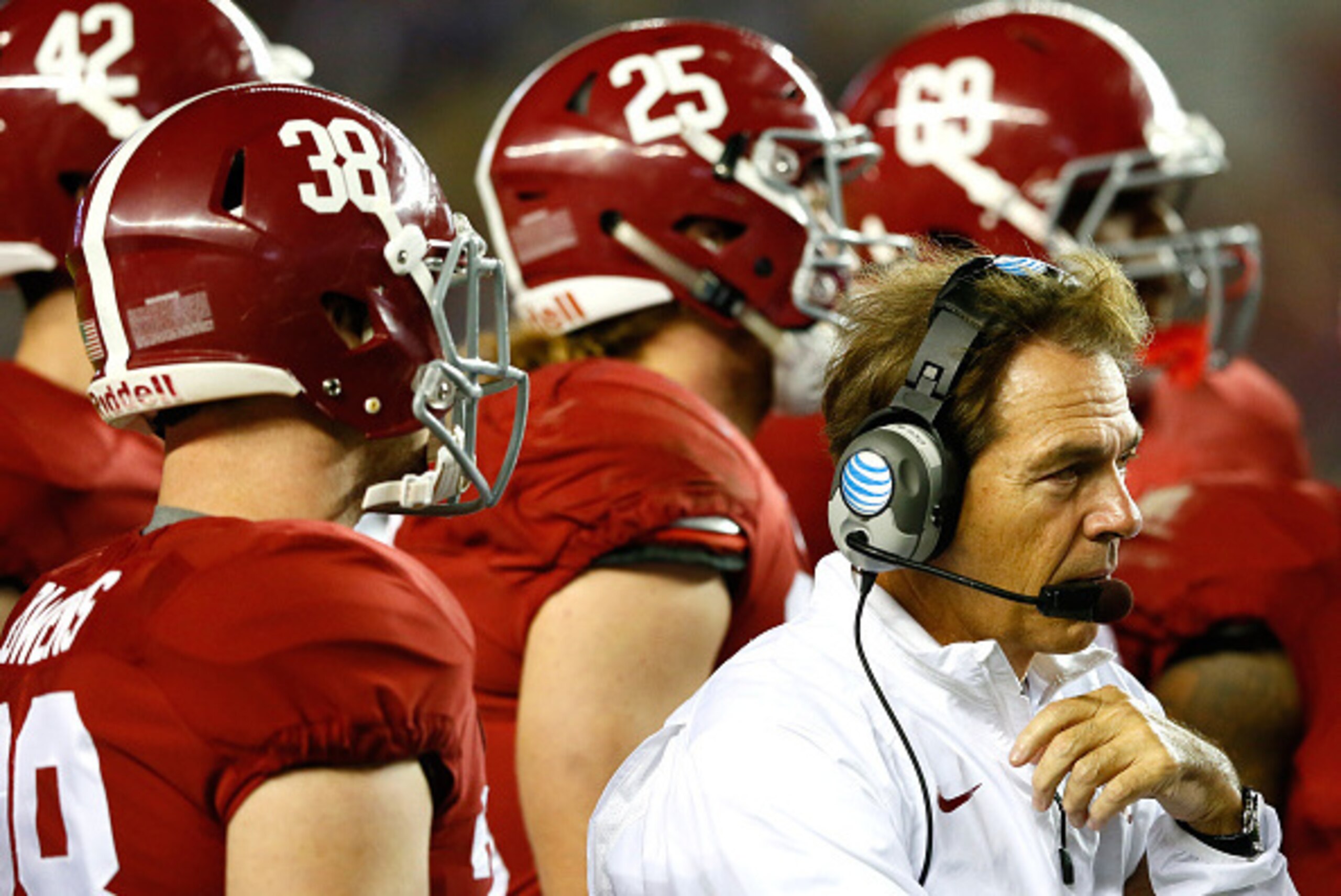TUSCALOOSA, AL - NOVEMBER 22:  Head coach Nick Saban of the Alabama Crimson Tide looks on during the game against the Western Carolina Catamounts at Bryant-Denny Stadium on November 22, 2014 in Tuscaloosa, Alabama.  (Photo by Kevin C. Cox/Getty Images)
