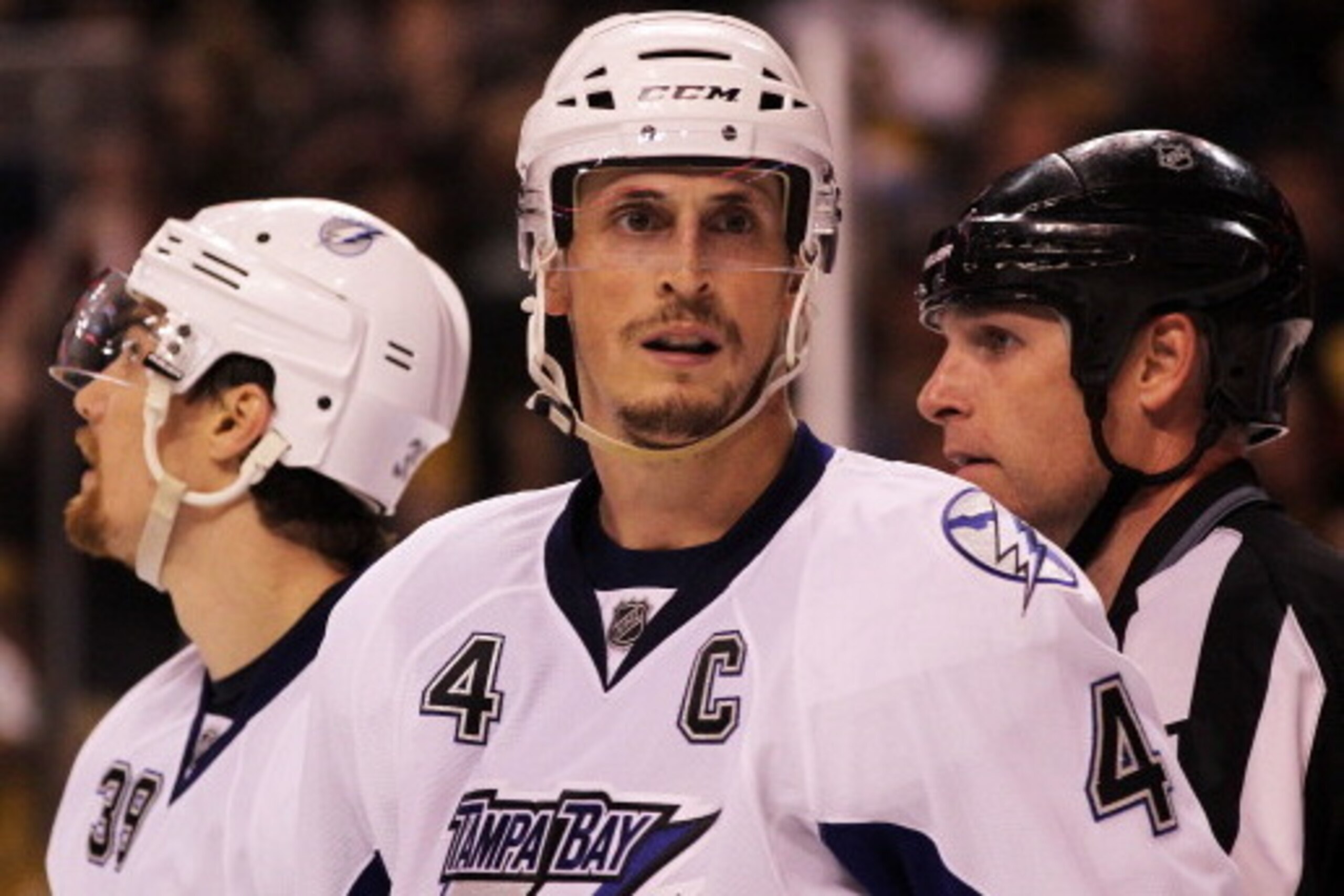BOSTON, MA - MAY 17:  Vincent Lecavalier #4 of the Tampa Bay Lightning looks on in Game Two of the Eastern Conference Finals against the Boston Bruins during the 2011 NHL Stanley Cup Playoffs at TD Garden on May 17, 2011 in Boston, Massachusetts.  (Photo 