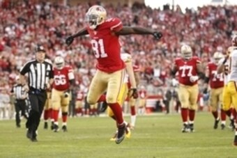 Nov 23, 2014; Santa Clara, CA, USA; San Francisco 49ers wide receiver Anquan Boldin (81) reacts after catching a pass for a first down against the Washington Redskins in the fourth quarter at Levi's Stadium. The 49ers defeated the Redskins 17-13. Mandator