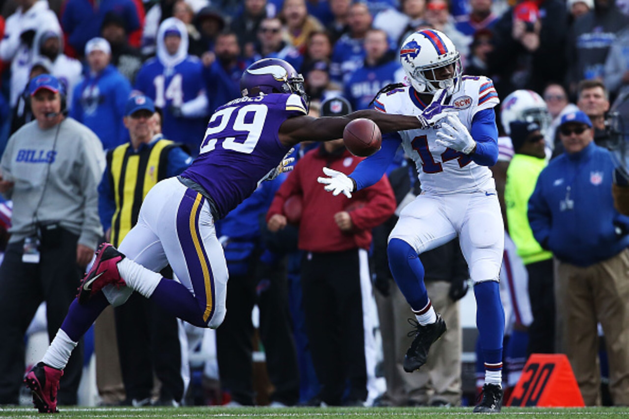ORCHARD PARK, NY - OCTOBER 19:   Sammy Watkins #14 of the Buffalo Bills can't make the catch as Xavier Rhodes #29 of the Minnesota Vikings defends during the second half at Ralph Wilson Stadium on October 19, 2014 in Orchard Park, New York.  (Photo by Tom