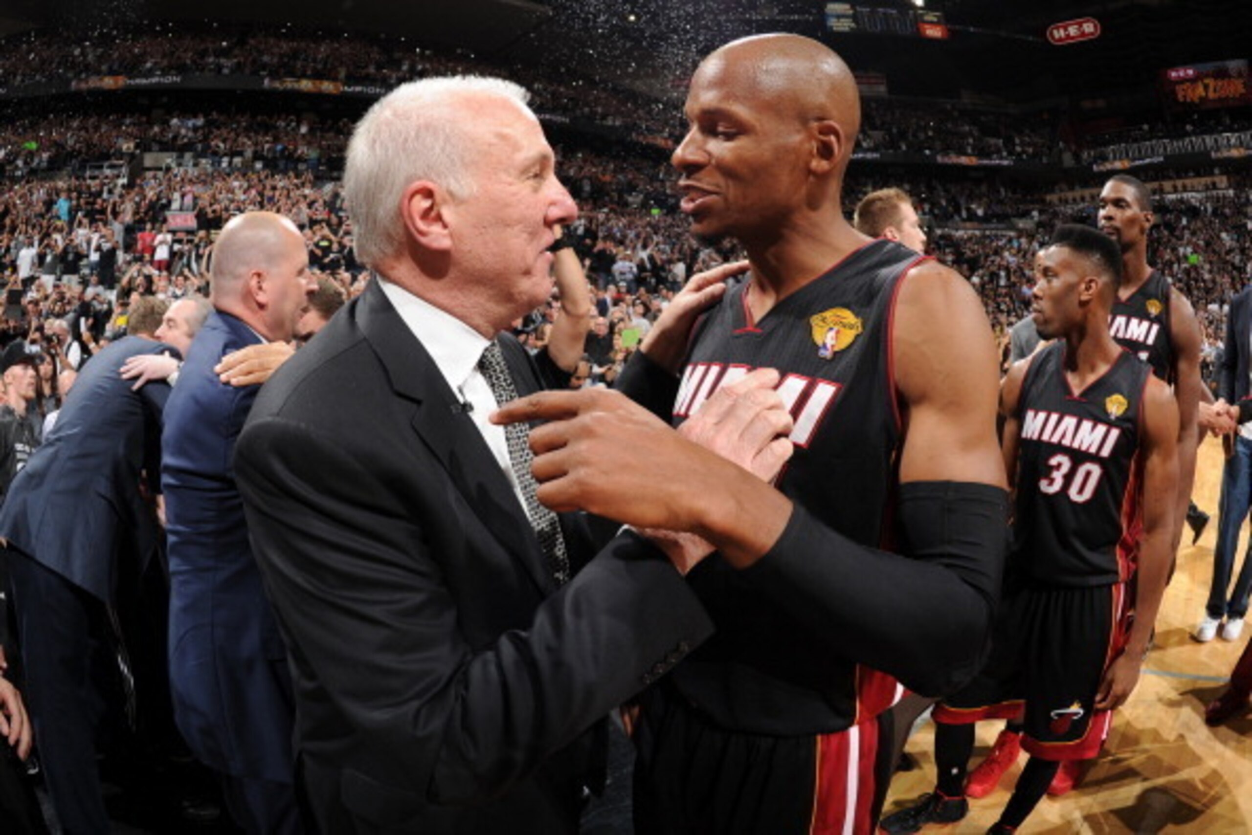 SAN ANTONIO, TX - JUNE 15: Gregg Popovich of the San Antonio Spurs and Ray Allen #34 of the Miami Heat embrace after the San Antonio Spurs' victory in Game Five and winning the 2014 NBA Finals between the Miami Heat and San Antonio Spurs at AT&T Center on
