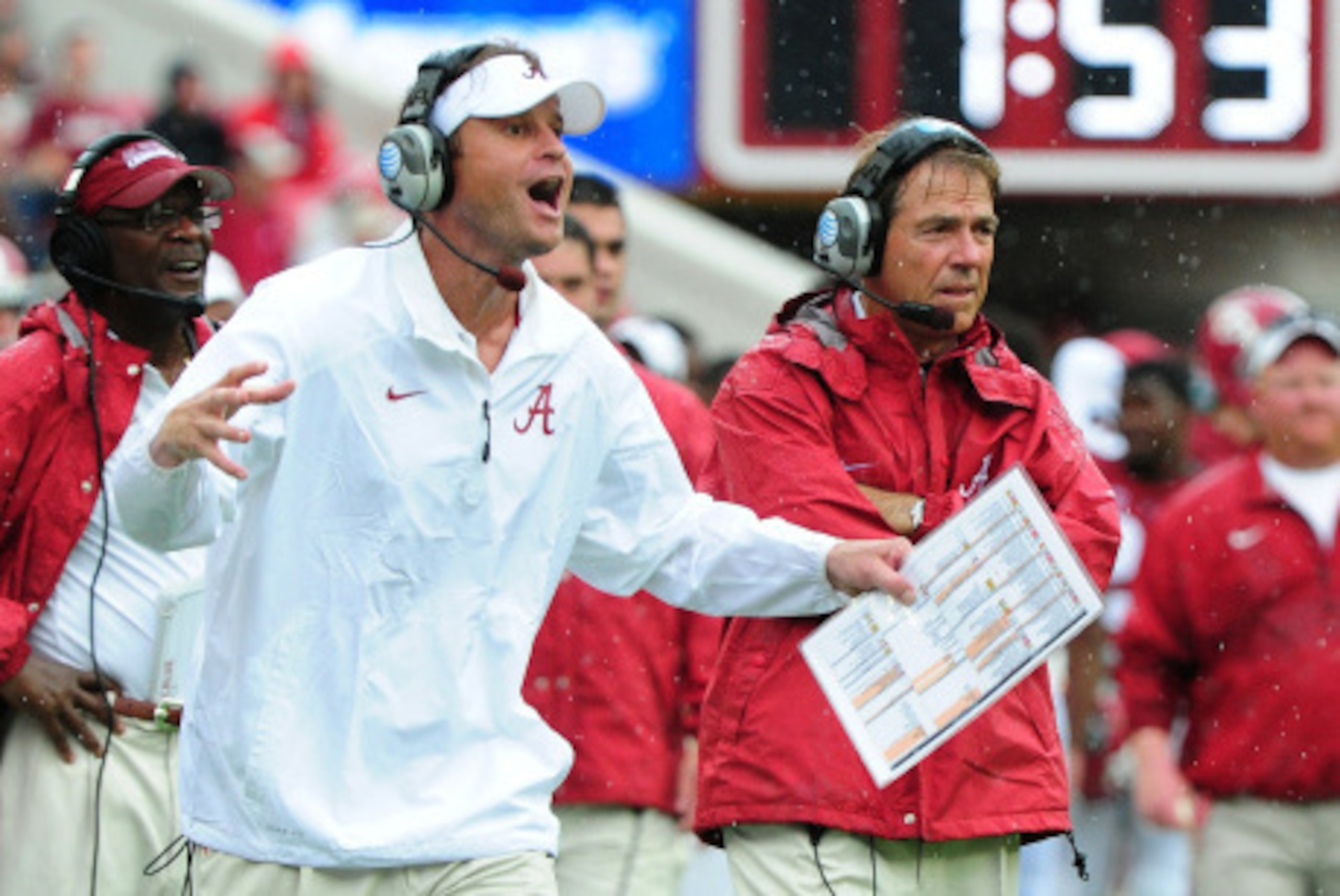 TUSCALOOSA, AL - SEPTEMBER 6: Offensive Coordinator Lane Kiffin and Head Coach Nick Saban of the Alabama Crimson Tide call a play against the Florida Atlantc Owls at Bryant-Denny Stadium on September 6, 2014 in Tuscaloosa, Alabama. (Photo by Scott Cunning TUSCALOOSA, AL - SEPTEMBER 6: Offensive Coordinator Lane Kiffin and Head Coach Nick Saban of the Alabama Crimson Tide call a play against the Florida Atlantc Owls at Bryant-Denny Stadium on September 6, 2014 in Tuscaloosa, Alabama. (Photo by Scott Cunning