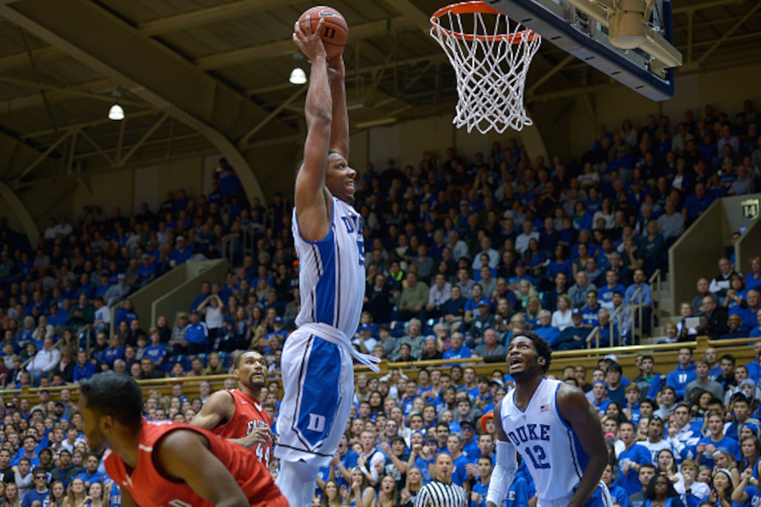 DURHAM, NC - NOVEMBER 15:  Jahlil Okafor #15 of the Duke Blue Devils goes up for a dunk against the Fairfield Stags during their game at Cameron Indoor Stadium on November 15, 2014 in Durham, North Carolina.  (Photo by Grant Halverson/Getty Images)