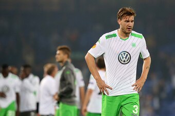 LIVERPOOL, ENGLAND - SEPTEMBER 18: Nicklas Bendtner of VfL Wolfsburg looks on at the final whistle during the UEFA Europa League match between Everton FC and VfL Wolfsburg on September 18, 2014 in Liverpool, United Kingdom. (Photo by Jan Kruger/Getty Imag