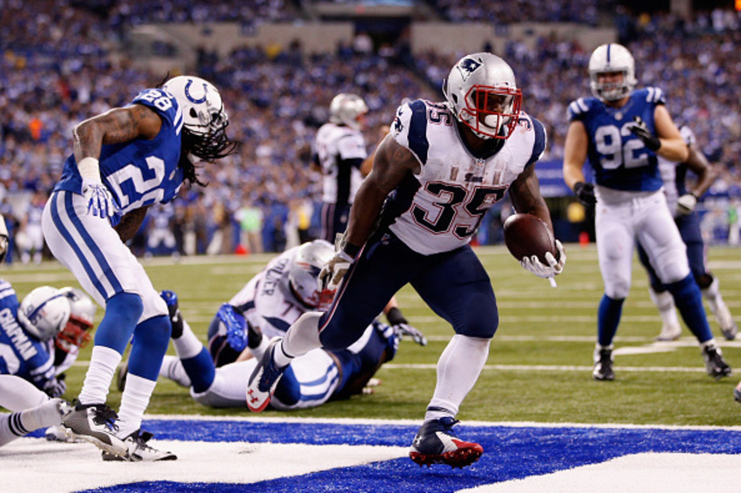 INDIANAPOLIS, IN - NOVEMBER 16:  Jonas Gray #35 of the New England Patriots scores a touchdown against the Indianapolis Colts during the fourth quarter of the game at Lucas Oil Stadium on November 16, 2014 in Indianapolis, Indiana.  (Photo by Joe Robbins/