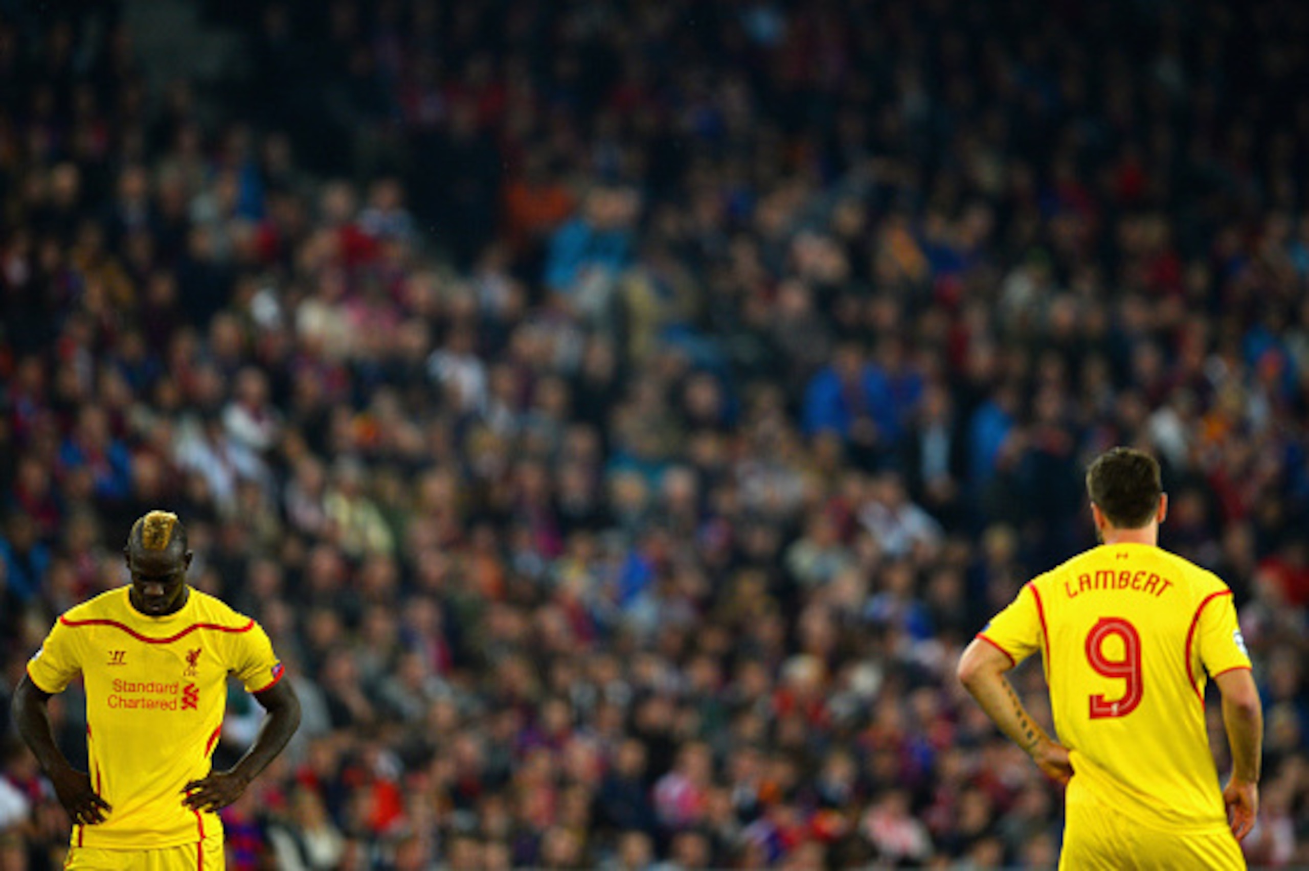 BASEL, SWITZERLAND - OCTOBER 01:  Dejected Mario Balotelli and Rickie Lambert of Liverpool during the UEFA Champions League Group B match between FC Basel 1893 and Liverpool FC at St. Jakob Stadium on October 1, 2014 in Basel, Switzerland.  (Photo by Jami