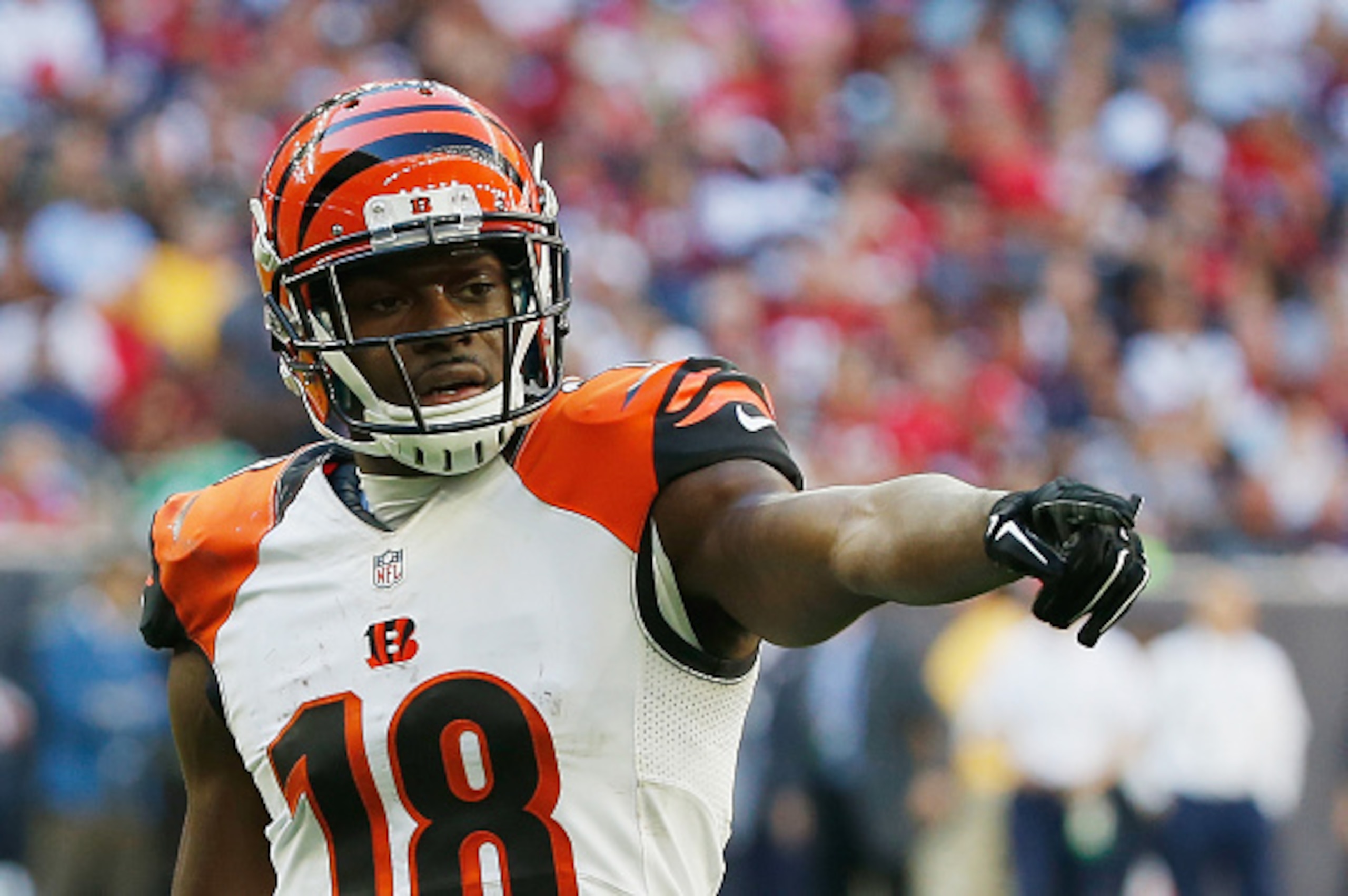 HOUSTON, TX - NOVEMBER 23:   A.J. Green #18 of the Cincinnati Bengals waits for a play in the second half of their game against the Houston Texans at NRG Stadium on November 23, 2014 in Houston, Texas.  (Photo by Scott Halleran/Getty Images)
