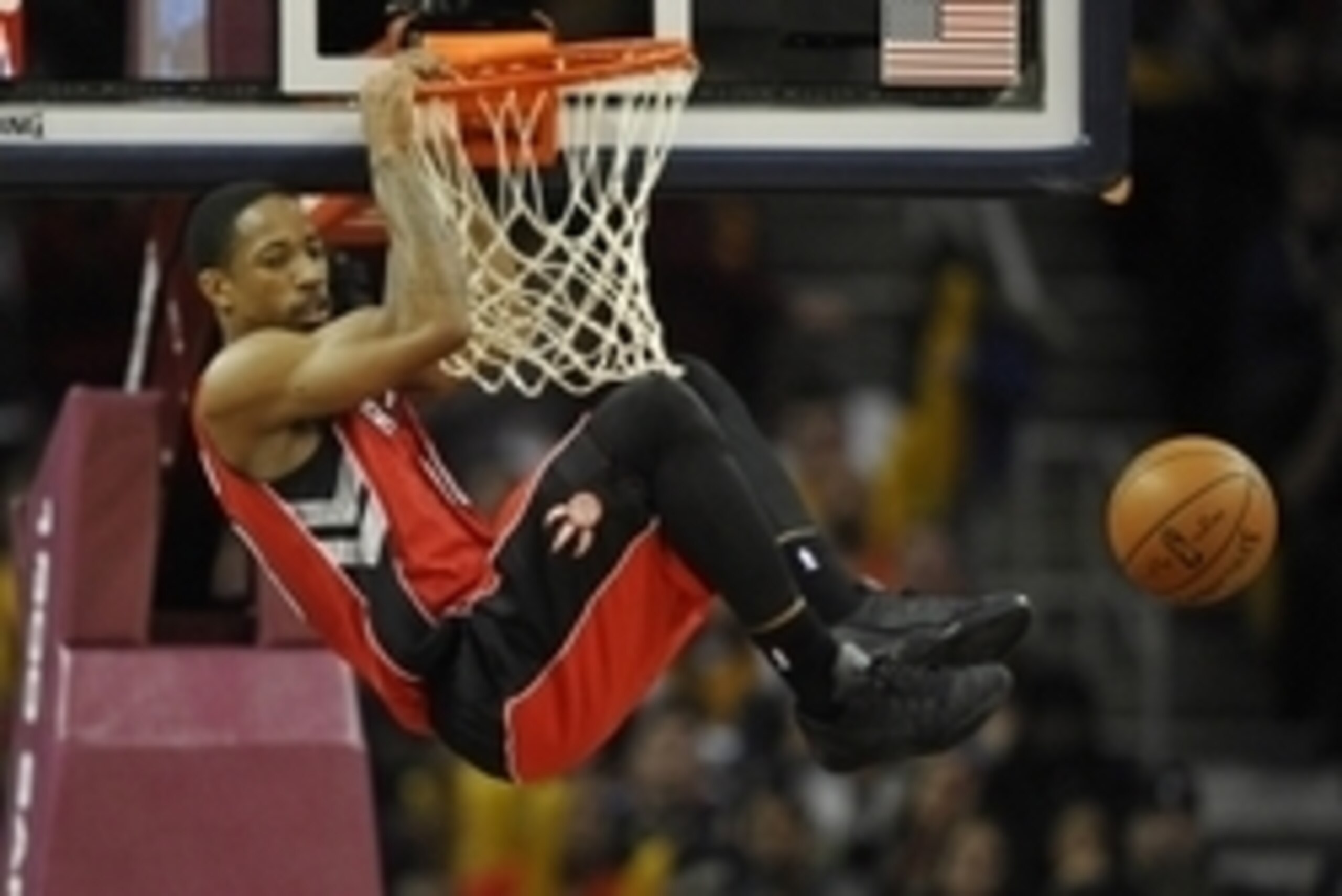 Nov 22, 2014; Cleveland, OH, USA; Toronto Raptors guard DeMar DeRozan (10) dunks the ball against the Cleveland Cavaliers in the fourth quarter at Quicken Loans Arena. Mandatory Credit: David Richard-USA TODAY Sports