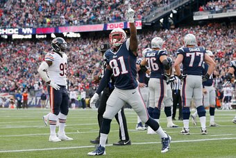 FOXBORO, MA - OCTOBER 26:  Tim Wright #81 of the New England Patriots reacts after catching a touchdown pass during the second quarter against the Chicago Bears at Gillette Stadium on October 26, 2014 in Foxboro, Massachusetts.  (Photo by Jim Rogash/Getty