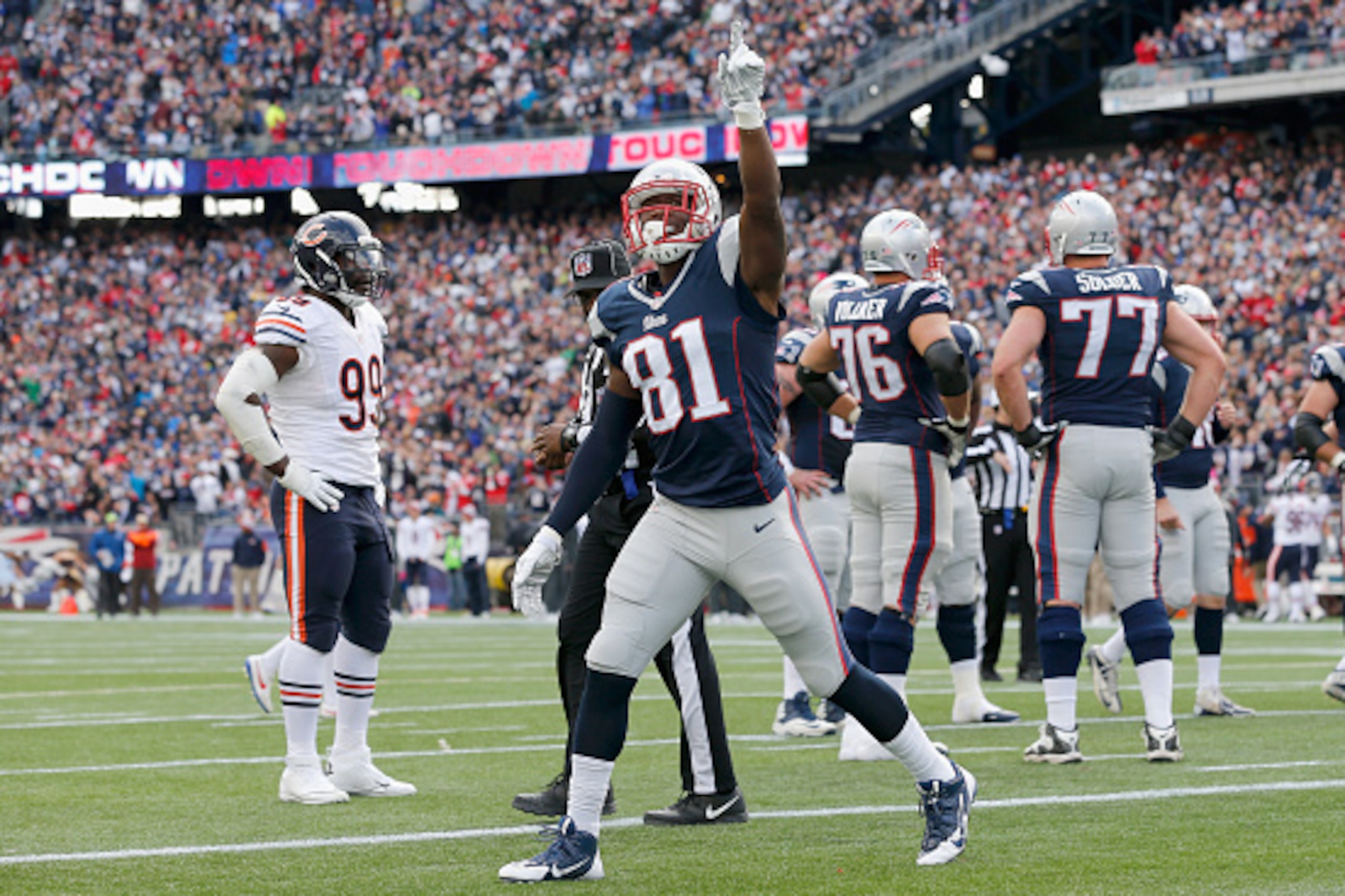 FOXBORO, MA - OCTOBER 26:  Tim Wright #81 of the New England Patriots reacts after catching a touchdown pass during the second quarter against the Chicago Bears at Gillette Stadium on October 26, 2014 in Foxboro, Massachusetts.  (Photo by Jim Rogash/Getty