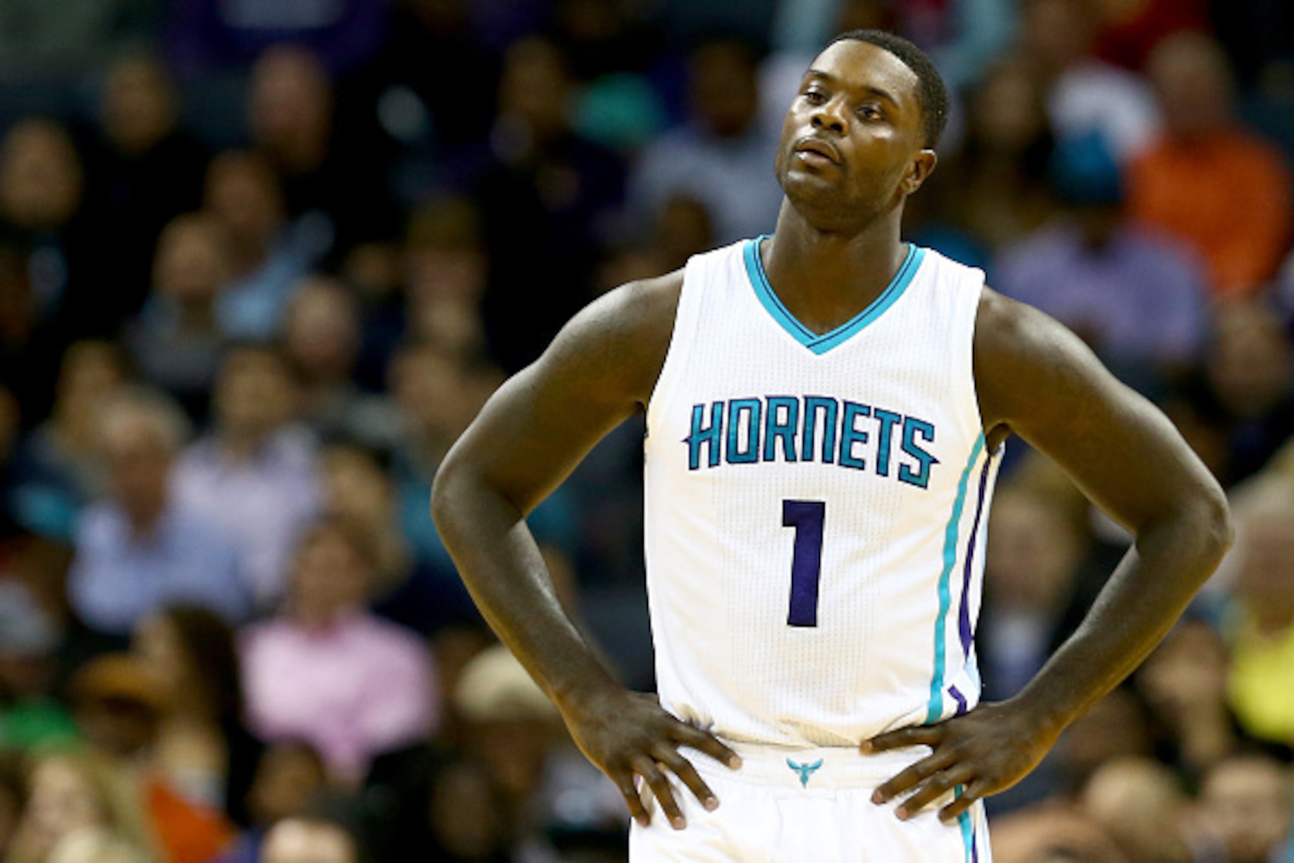 CHARLOTTE, NC - NOVEMBER 24:  Lance Stephenson #1 of the Charlotte Hornets reacts to a call against the Los Angeles Clippers during their game at Time Warner Cable Arena on November 24, 2014 in Charlotte, North Carolina.
NOTE TO USER: User expressly ackno