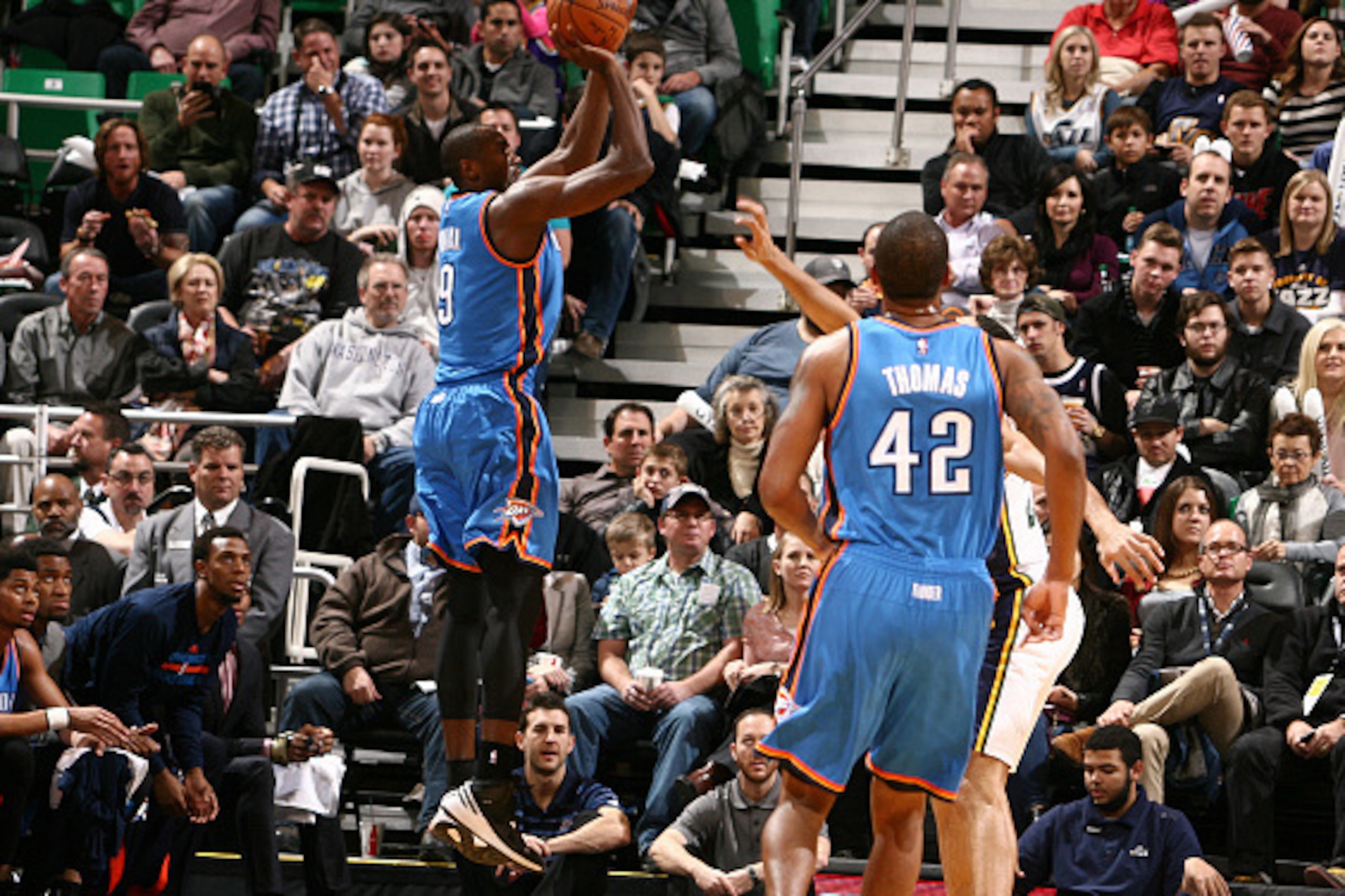 SALT LAKE CITY, UT - NOVEMBER 18:  Serge Ibaka #9 of the Oklahoma City Thunder shoots the ball against the Utah Jazz at EnergySolutions Arena on November 18, 2014 in Salt Lake City, Utah. NOTE TO USER: User expressly acknowledges and agrees that, by downl