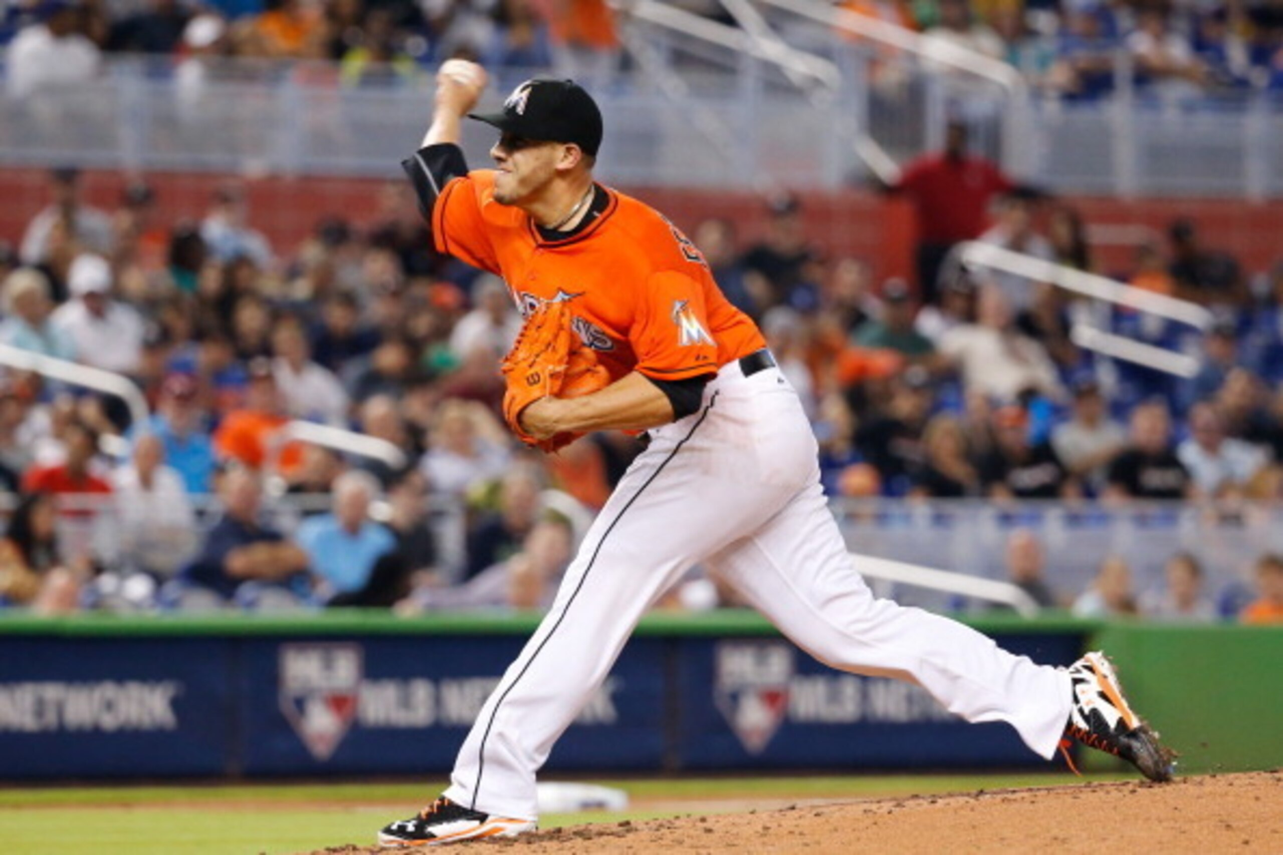 MIAMI, FL - MAY 04: Jose Fernandez #16 of the Miami Marlins delivers a pitch during the second inning of the game against the Los Angeles Dodgers  at Marlins Park on May 04, 2014 in Miami, Florida. (Photo by Rob Foldy/Getty Images)