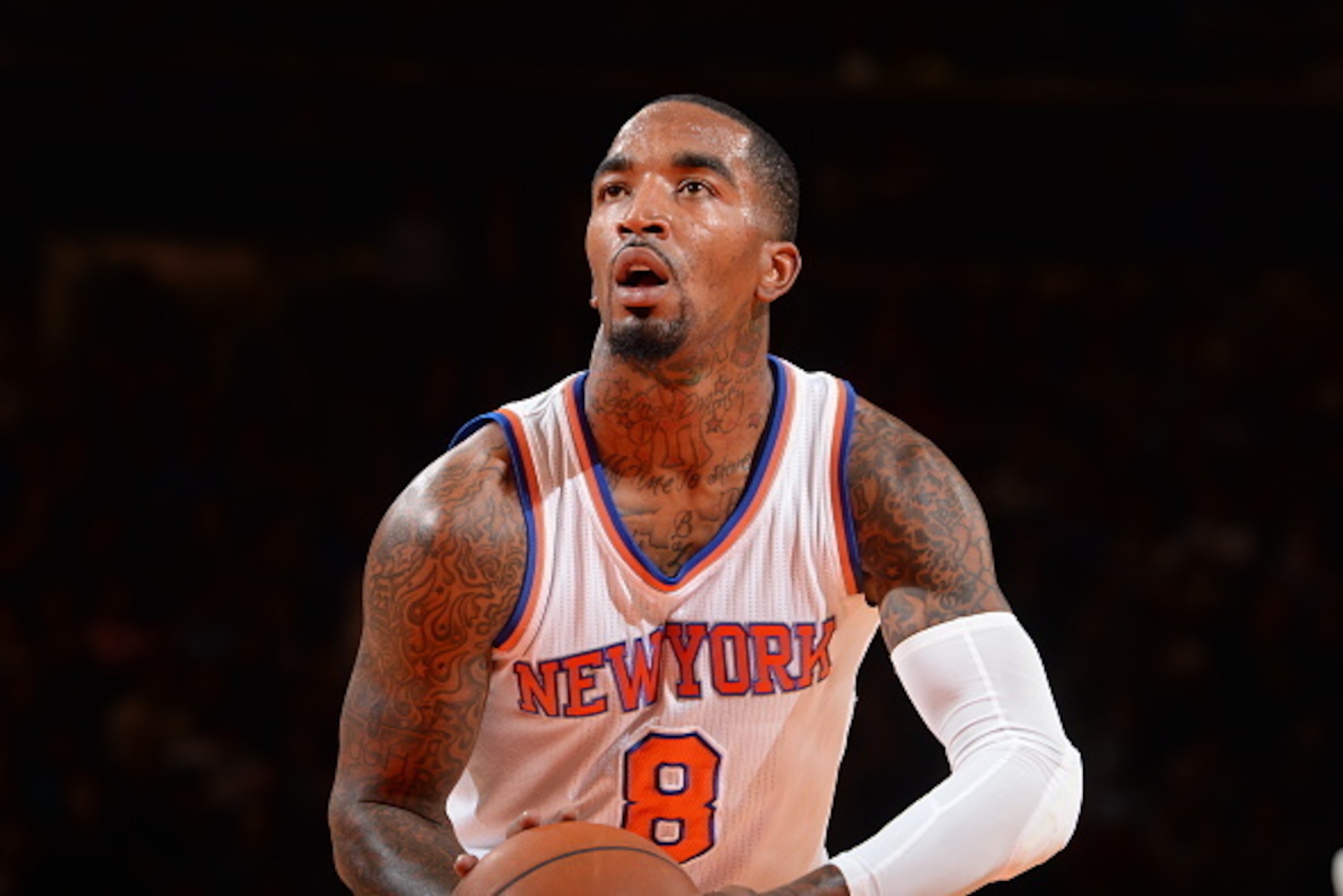 NEW YORK, NY - NOVEMBER 10:  J.R. Smith #8 of the New York Knicks prepares to shoot a free throw against the Atlanta Hawks on November 10, 2014 at Madison Square Garden in New York City.  NOTE TO USER: User expressly acknowledges and agrees that, by downl