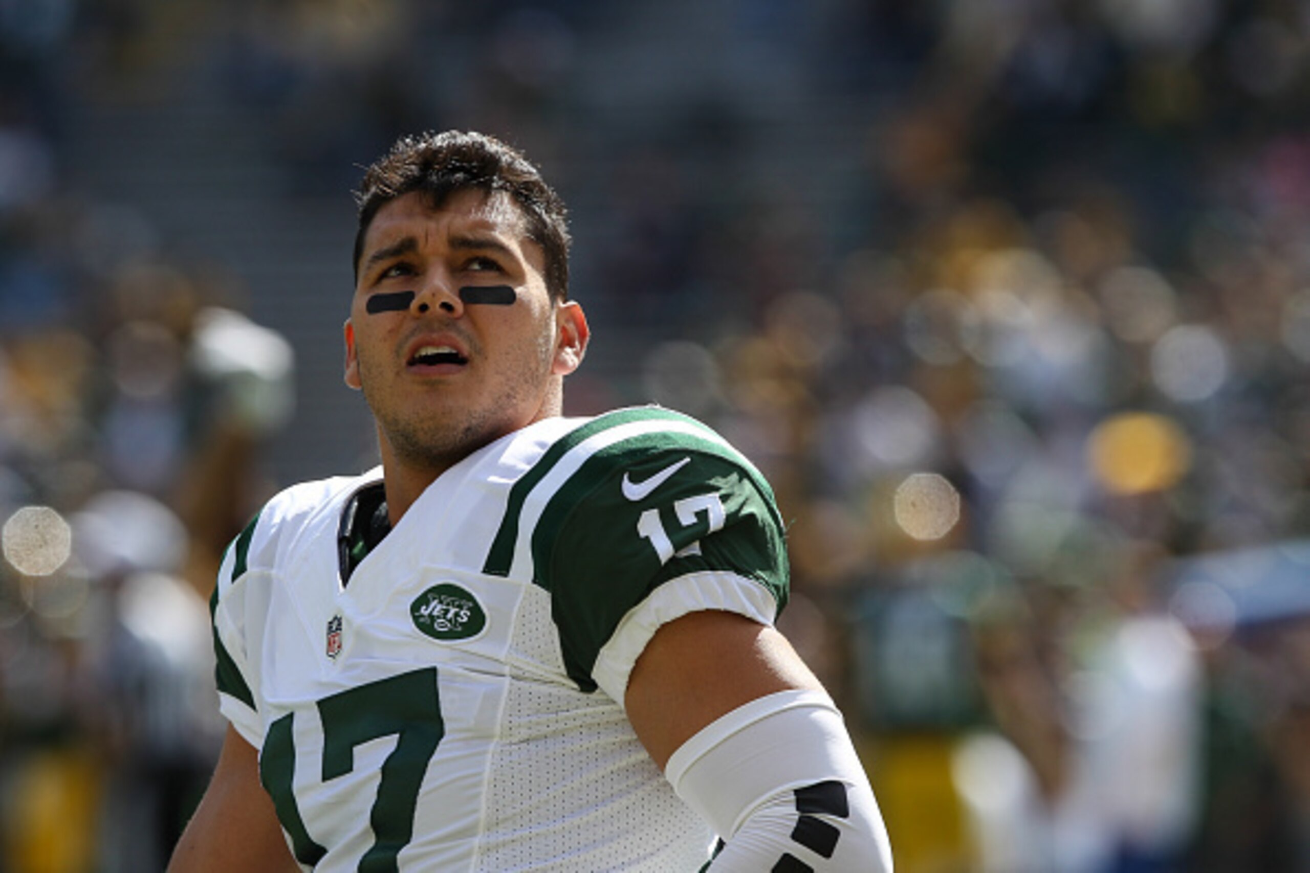 GREEN BAY, WI - SEPTEMBER 14: Greg Salas #17 of the New York Jets watches the scoreboard prior to the NFL game against the Green Bay Packers on September 14, 2014 at Lambeau Field in Green Bay, Wisconsin. The Packers defeated the Jets 31-24. (Photo by Ken