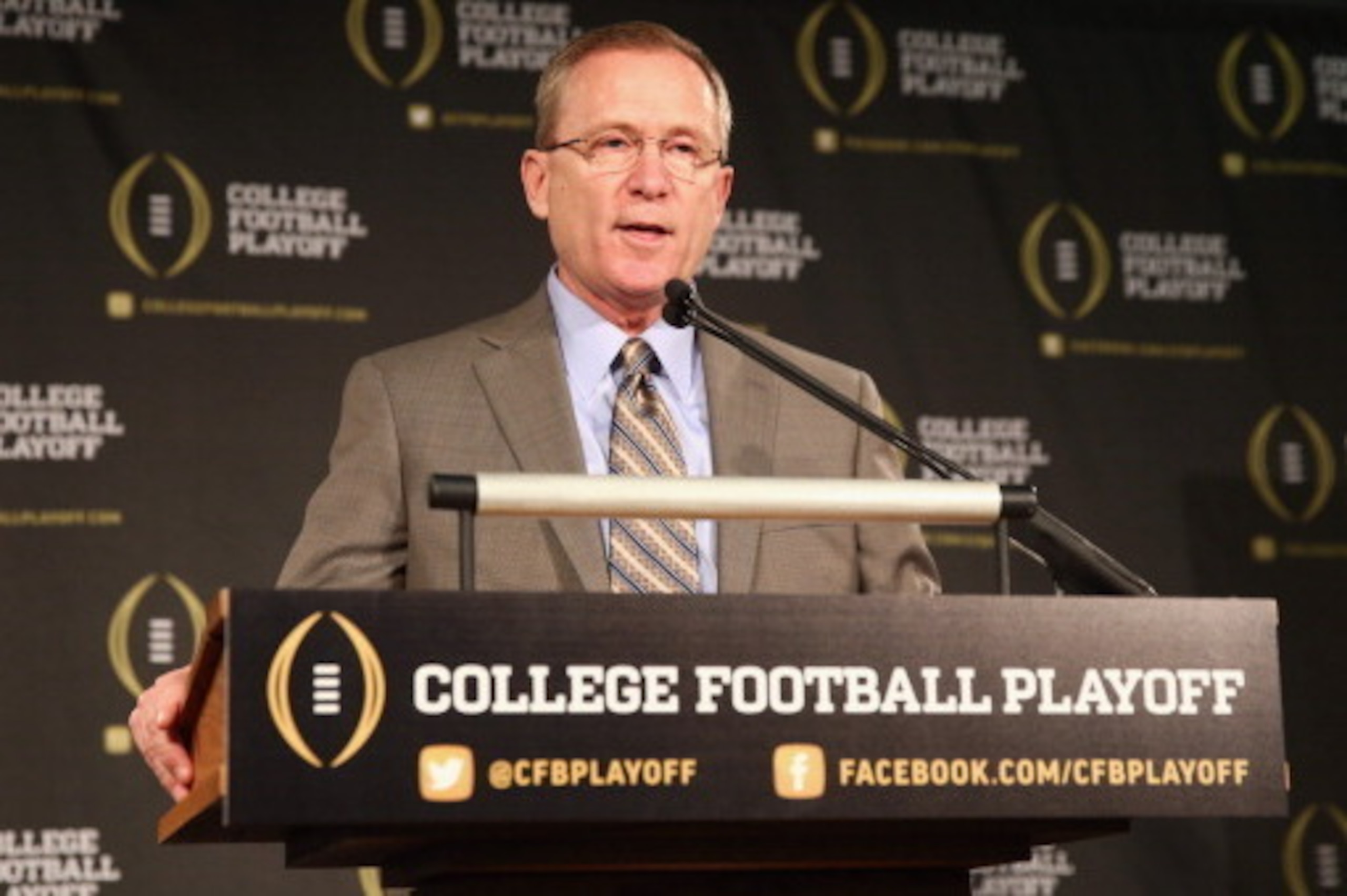 IRVING, TX - OCTOBER 16:  Jeff Long answers questions from the media after being named the chairman of the College Football Playoff selection committee on October 16, 2013 in Irving, Texas. Condoleezza Rice, Stanford University professor and former United
