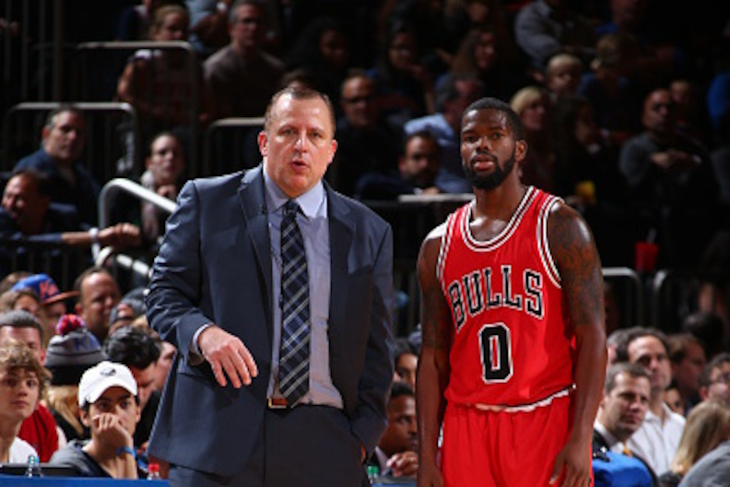 NEW YORK, NY - OCTOBER 29: Head coach Tom Thibodeau of the Chicago Bulls talks with Aaron Brooks #0 of the Chicago Bulls during a game against the New York Knicks at Madison Square Garden in New York City on October 29, 2014. NOTE TO USER: User expressl NEW YORK, NY - OCTOBER 29: Head coach Tom Thibodeau of the Chicago Bulls talks with Aaron Brooks #0 of the Chicago Bulls during a game against the New York Knicks at Madison Square Garden in New York City on October 29, 2014. NOTE TO USER: User expressl