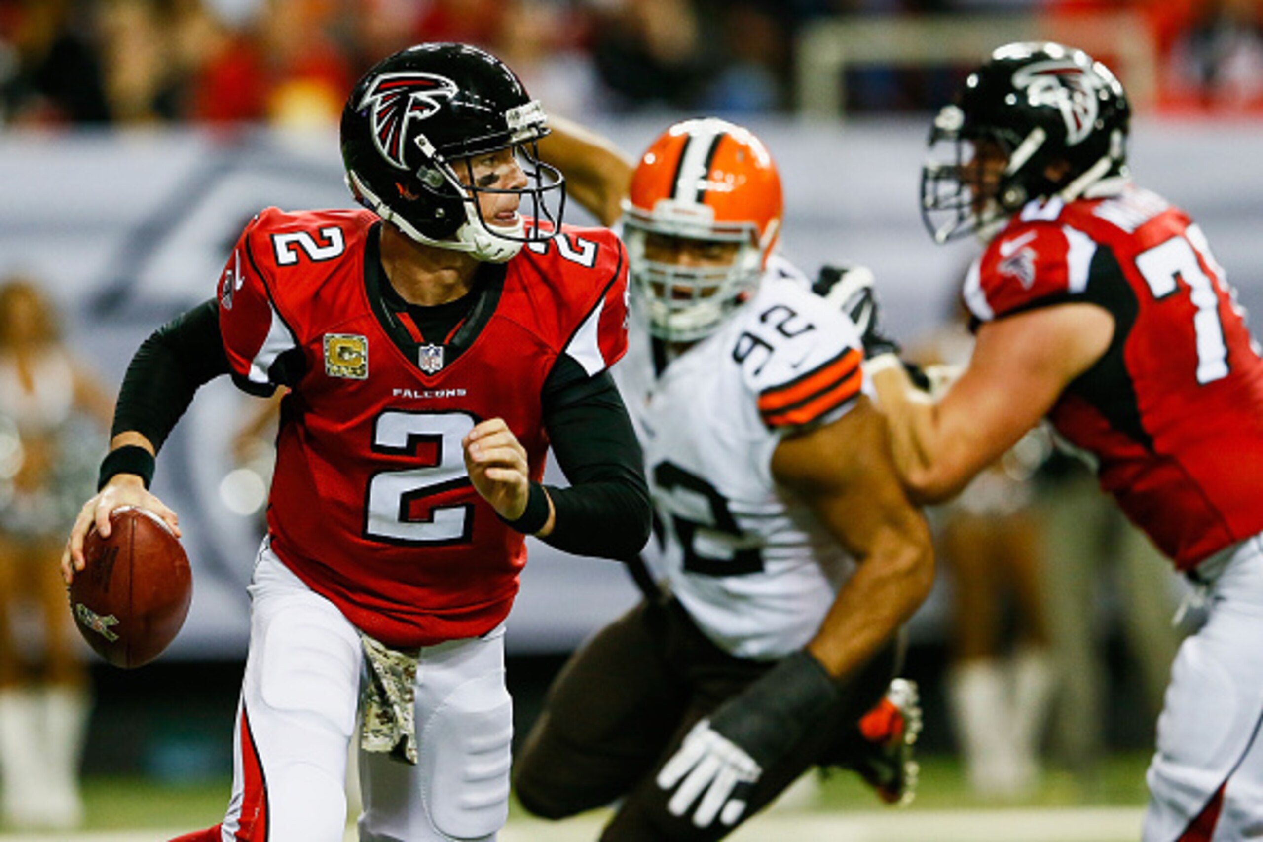ATLANTA, GA - NOVEMBER 23: Matt Ryan #2 of the Atlanta Falcons scrambles on a pass play in the first half against the Cleveland Browns at Georgia Dome on November 23, 2014 in Atlanta, Georgia. (Photo by Kevin C. Cox/Getty Images) ATLANTA, GA - NOVEMBER 23: Matt Ryan #2 of the Atlanta Falcons scrambles on a pass play in the first half against the Cleveland Browns at Georgia Dome on November 23, 2014 in Atlanta, Georgia. (Photo by Kevin C. Cox/Getty Images)