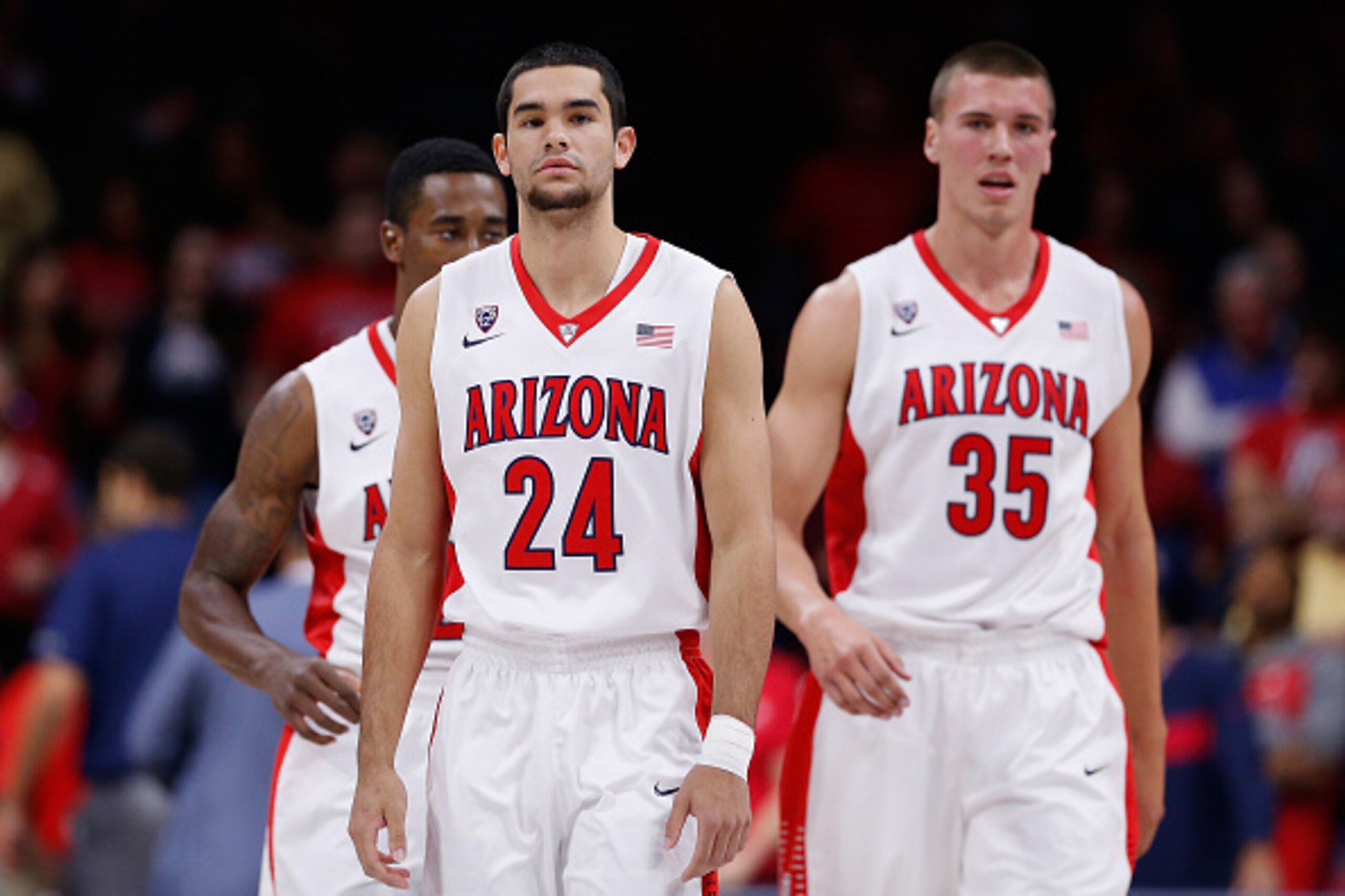 TUCSON, AZ - NOVEMBER 19:  Elliott Pitts #24 and Kaleb Tarczewski #35 of the Arizona Wildcats during the college basketball game aagainst the UC Irvine Anteaters t McKale Center on November 19, 2014 in Tucson, Arizona. The Wildcats defeated the Anteaters 