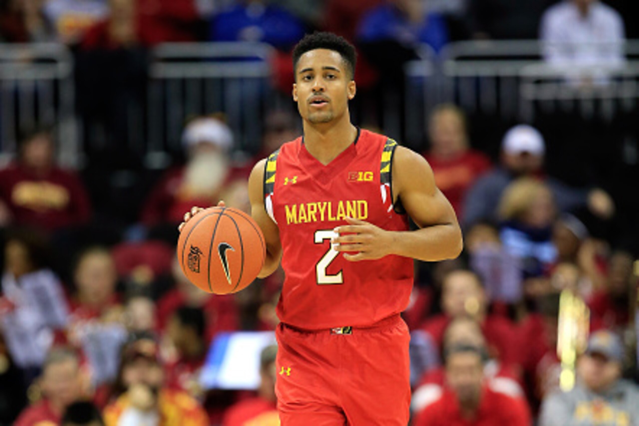 KANSAS CITY, MO - NOVEMBER 25:  Melo Trimble (2) of the Maryland Terrapins controls the ball during the CBE Hall Of Fame Classic final game against the Iowa State Cyclones at Sprint Center on November 25, 2014 in Kansas City, Missouri.  (Photo by Jamie Sq