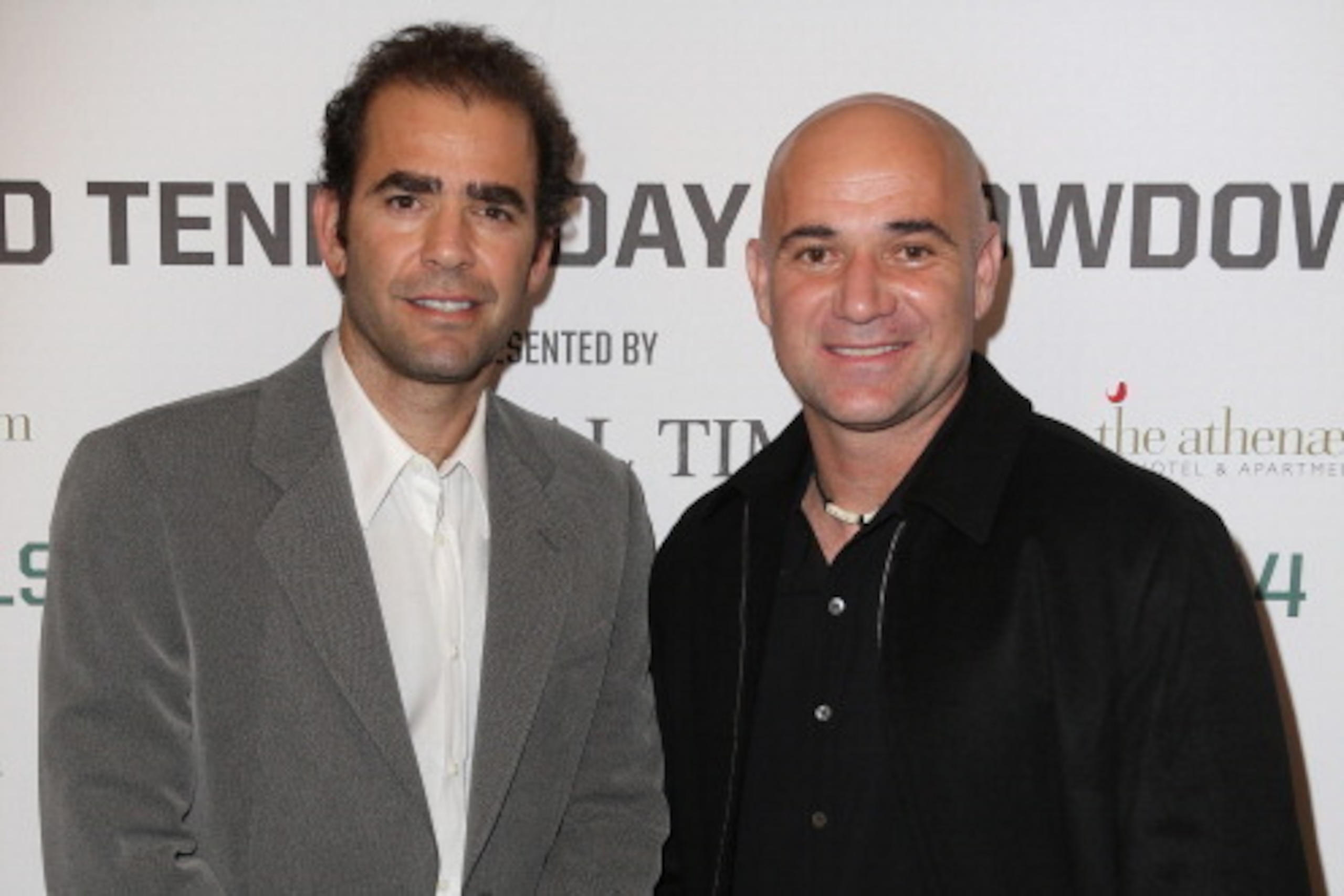 LONDON, ENGLAND - MARCH 02:  Pete Sampras and Andre Agassi pose for a photograph in the Garden Room at the Athenaeum Hotel at the World Tennis Day Showdown  London VIP Party on March 2, 2014 in London, England.  (Photo by Chris Jackson/Getty Images)