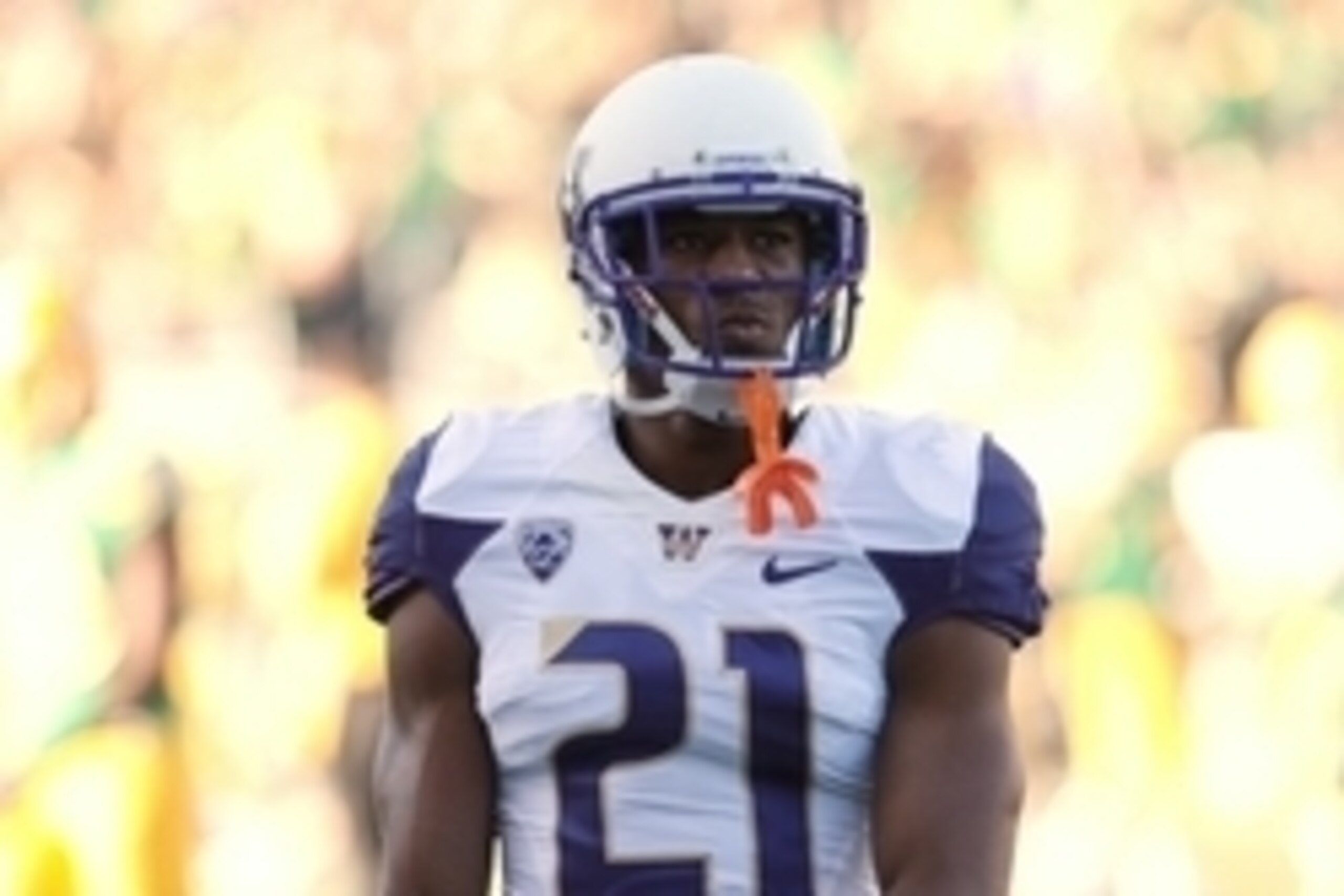 Oct 18, 2014; Eugene, OR, USA; Washington Huskies defensive back Marcus Peters (21) warming up before the game against the Oregon Ducks at Autzen Stadium. Mandatory Credit: Scott Olmos-USA TODAY Sports