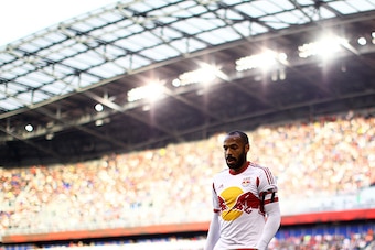 HARRISON, NJ - NOVEMBER 23:  Thierry Henry #14 of New York Red Bulls looks on against the New England Revolution during the Eastern Conference Final - Leg 1 at Red Bull Arena on November 23, 2014 in Harrison, New Jersey. Revolution defeated the Red Bulls 