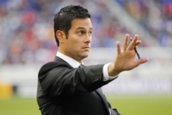 May 24, 2014; Harrison, NJ, USA; New York Red Bulls head coach Mike Petke gives instructions against the Portland Timbers at Red Bull Arena. The Timbers defeated the Red Bulls 2-1. Mandatory Credit: Andy Marlin-USA TODAY Sports