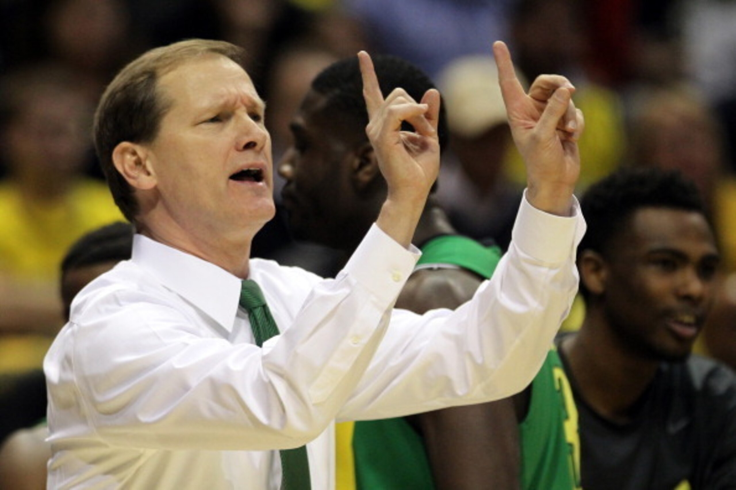 MILWAUKEE, WI - MARCH 22:  head coach Dana Altman of the Oregon Ducks shouts against the Wisconsin Badgers during the third round of the 2014 NCAA Men's Basketball Tournament at BMO Harris Bradley Center on March 22, 2014 in Milwaukee, Wisconsin.  (Photo 