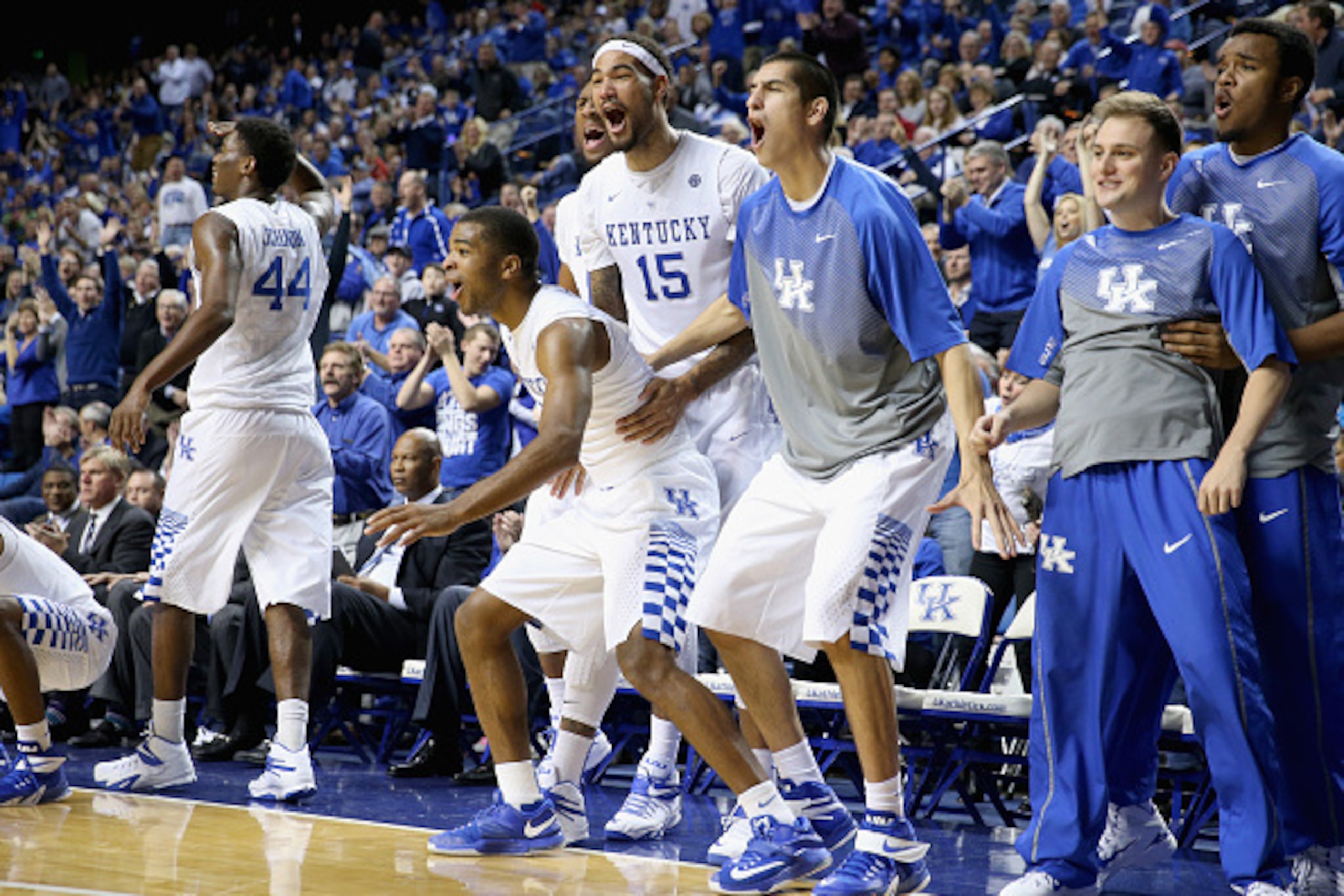 LEXINGTON, KY - NOVEMBER 21:  The Kentucky Wildcats bench celebrates during the game against the Boston Terriers at Rupp Arena on November 21, 2014 in Lexington, Kentucky.  (Photo by Andy Lyons/Getty Images)
