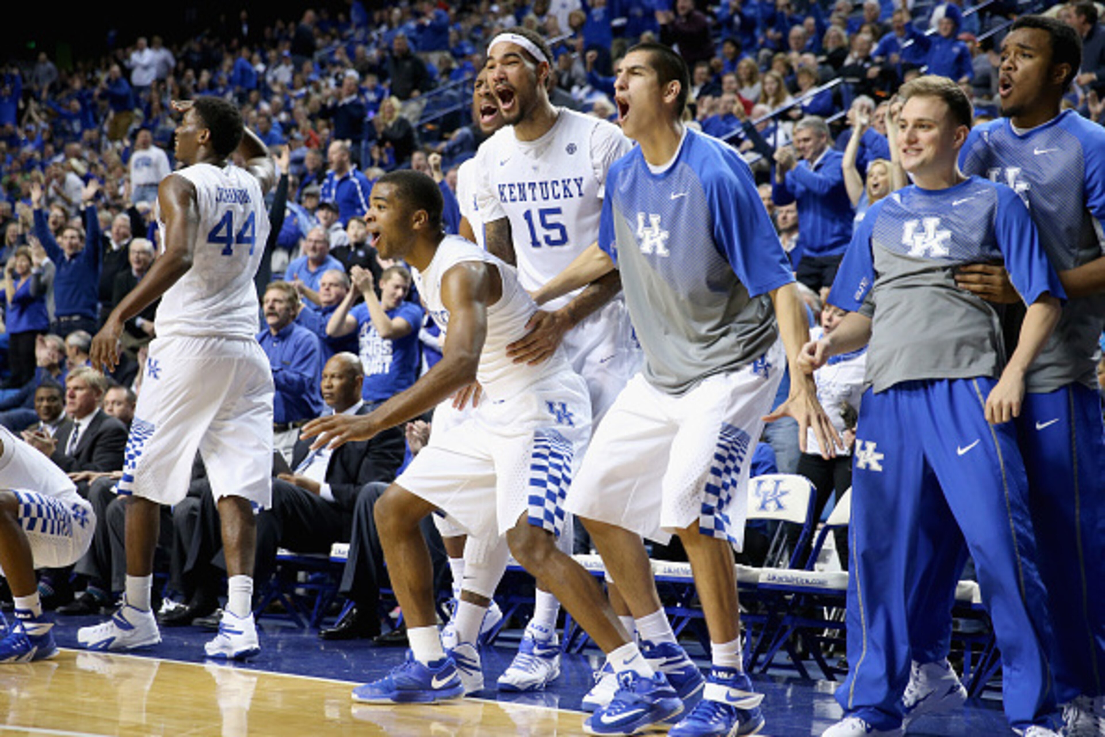 LEXINGTON, KY - NOVEMBER 21:  The Kentucky Wildcats bench celebrates during the game against the Boston Terriers at Rupp Arena on November 21, 2014 in Lexington, Kentucky.  (Photo by Andy Lyons/Getty Images)