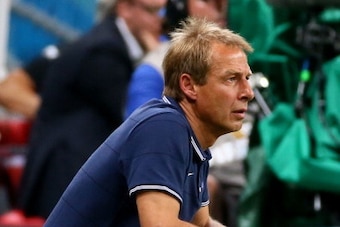 SALVADOR, BRAZIL - JULY 01:  Head coach Jurgen Klinsmann of the United States looks on during the 2014 FIFA World Cup Brazil Round of 16 match between Belgium and the United States at Arena Fonte Nova on July 1, 2014 in Salvador, Brazil.  (Photo by Kevin 