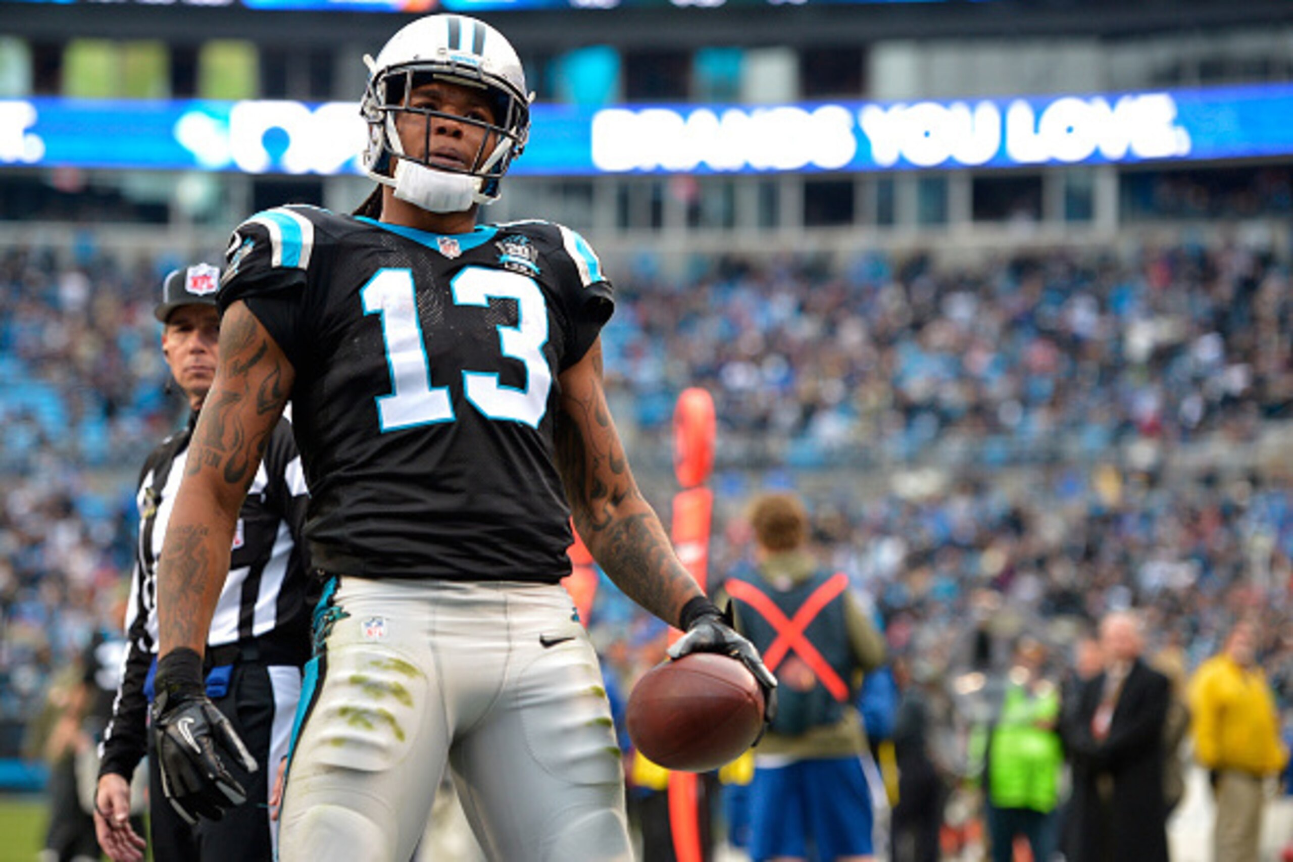 CHARLOTTE, NC - NOVEMBER 16: Kelvin Benjamin #13 of the Carolina Panthers celebrates his 4th quarter touchdown reception against the Atlanta Falcons during their game at Bank of America Stadium on November 16, 2014 in Charlotte, North Carolina. (Photo b CHARLOTTE, NC - NOVEMBER 16: Kelvin Benjamin #13 of the Carolina Panthers celebrates his 4th quarter touchdown reception against the Atlanta Falcons during their game at Bank of America Stadium on November 16, 2014 in Charlotte, North Carolina. (Photo b