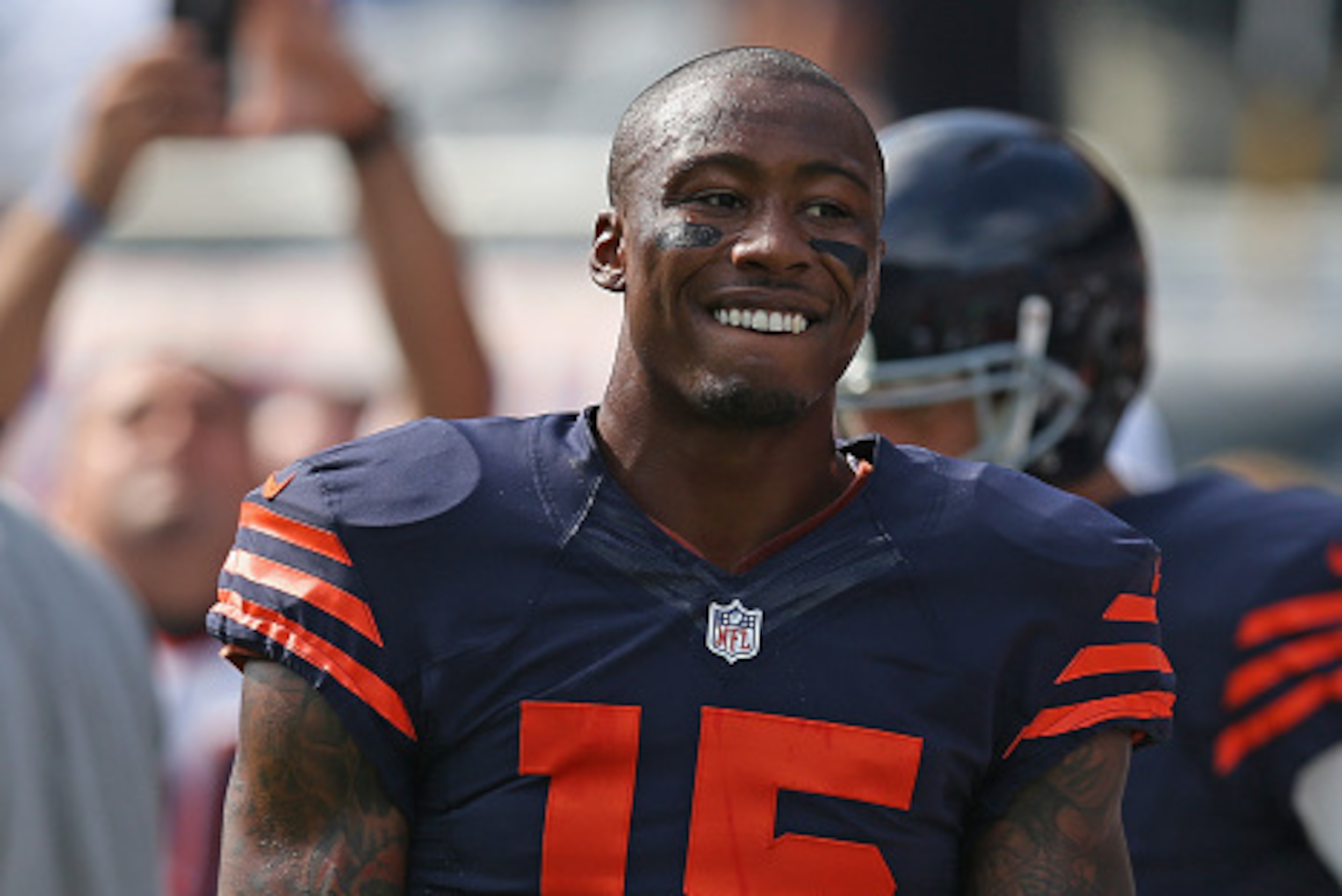 CHICAGO, IL - SEPTEMBER 28: Brandon Marshall #15 of the Chicago Bears participates in warm-ups before a game against the Green Bay Packers at Soldier Field on September 28, 2014 in Chicago, Illinois. The Packers defeated the Bears 38-17. (Photo by Jonatha